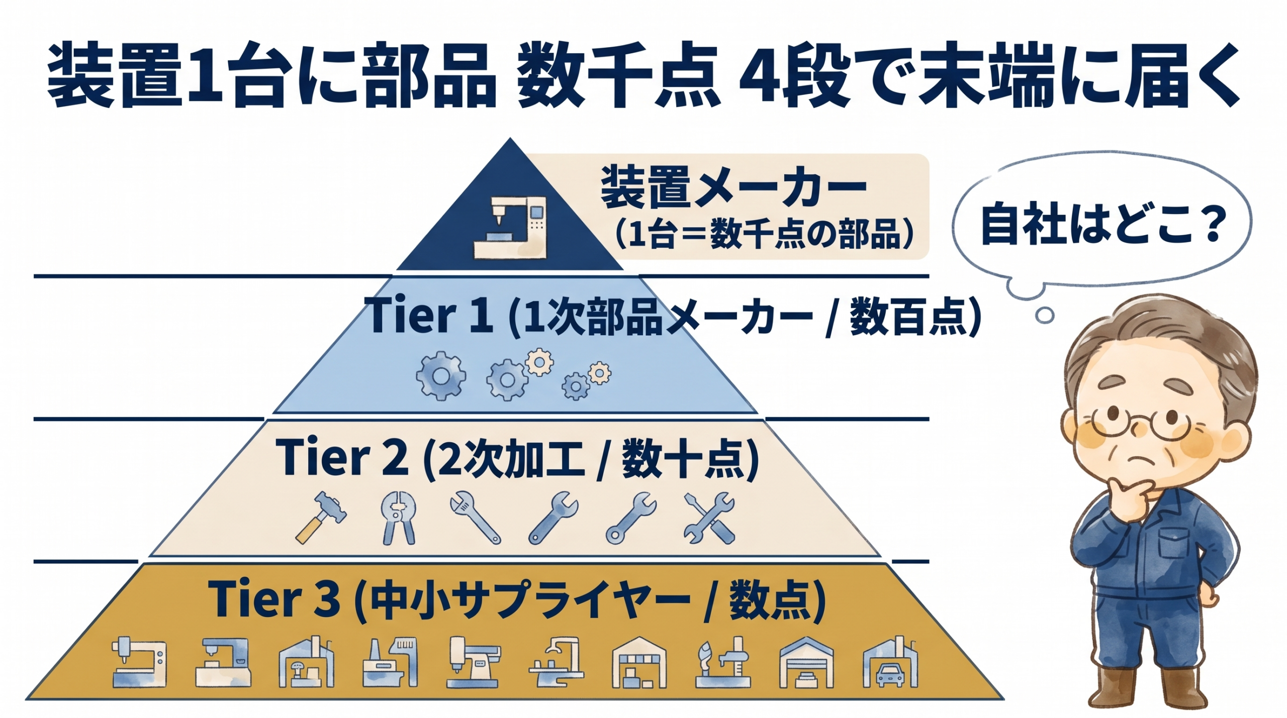 装置メーカーからTier1・Tier2・Tier3まで4段で部品発注が伝わるピラミッド図解