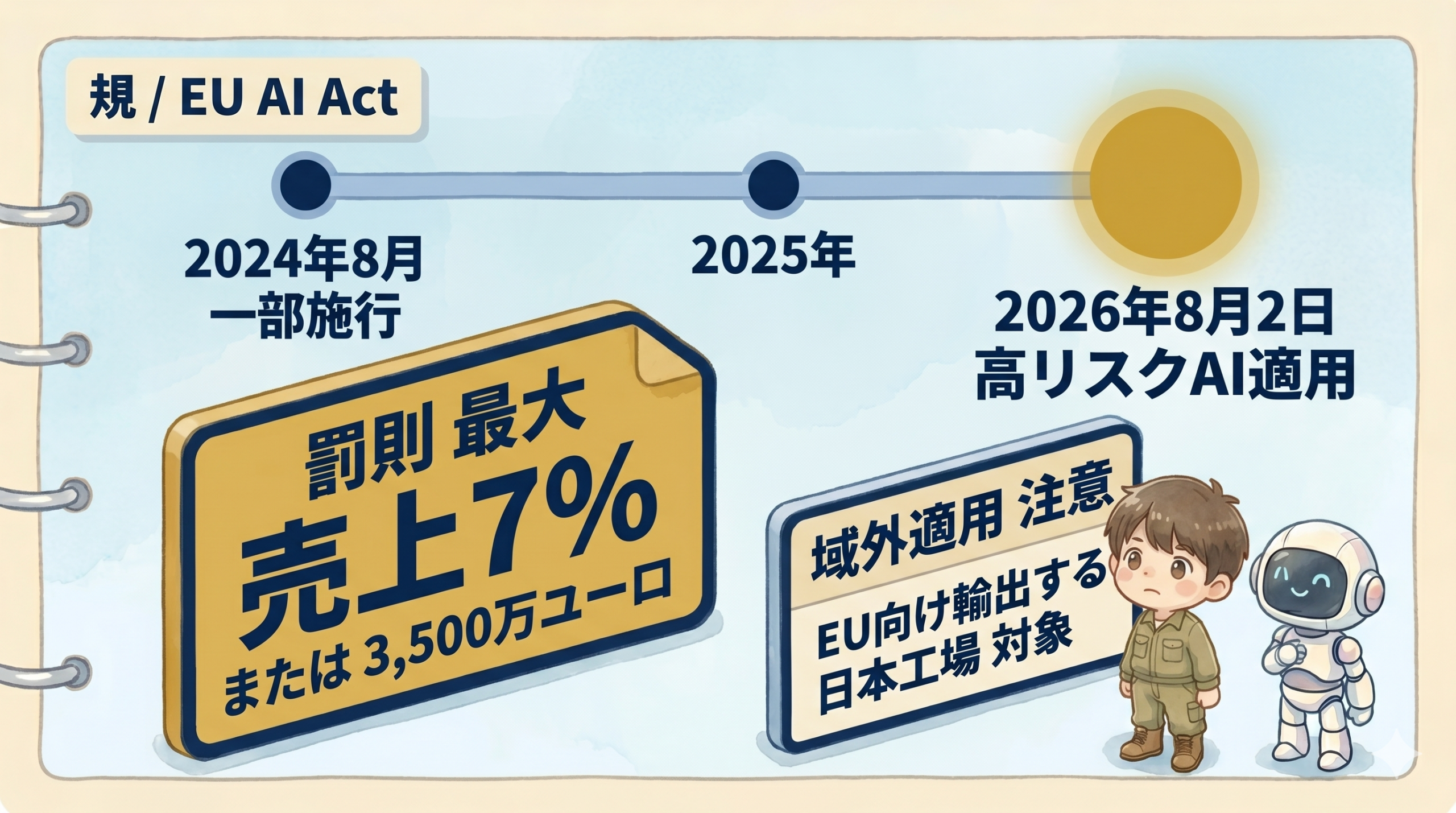 EU AI Act 高リスク規制の2026年8月適用と罰則最大全世界年間売上7パーセントを示す規制スケジュール図