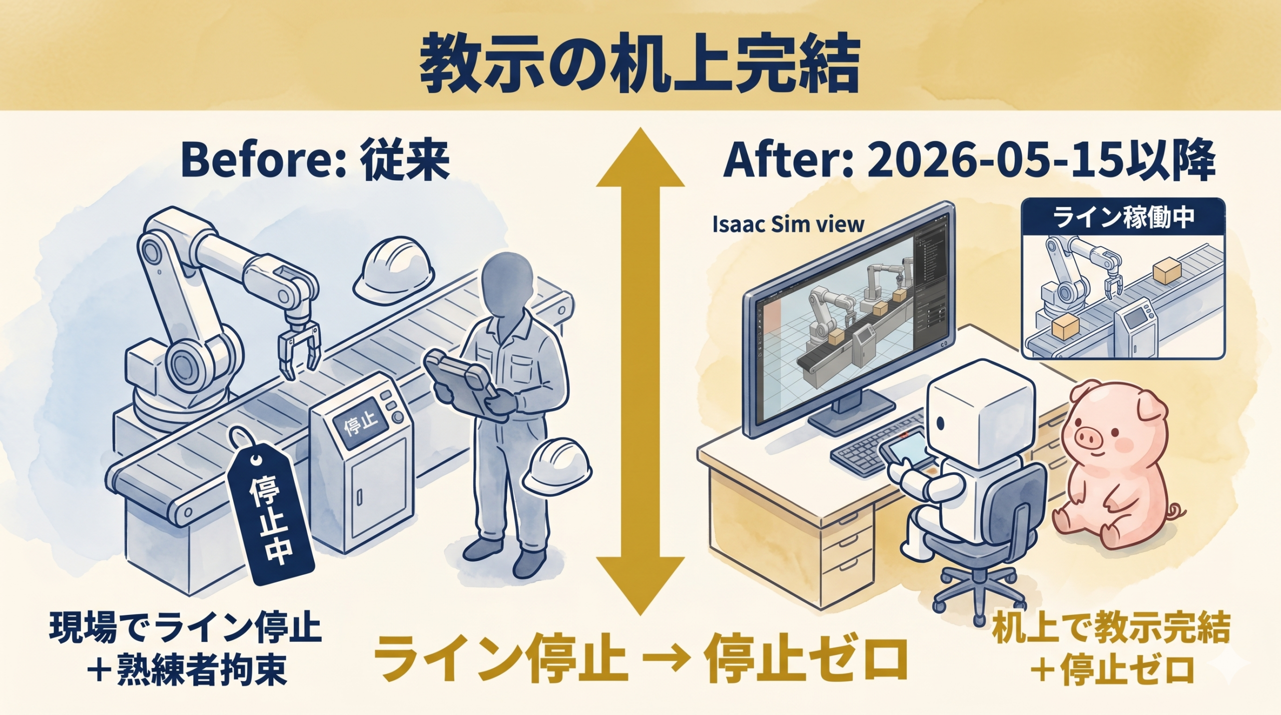 教示の前後比較 (ライン停止 → 机上完結)
