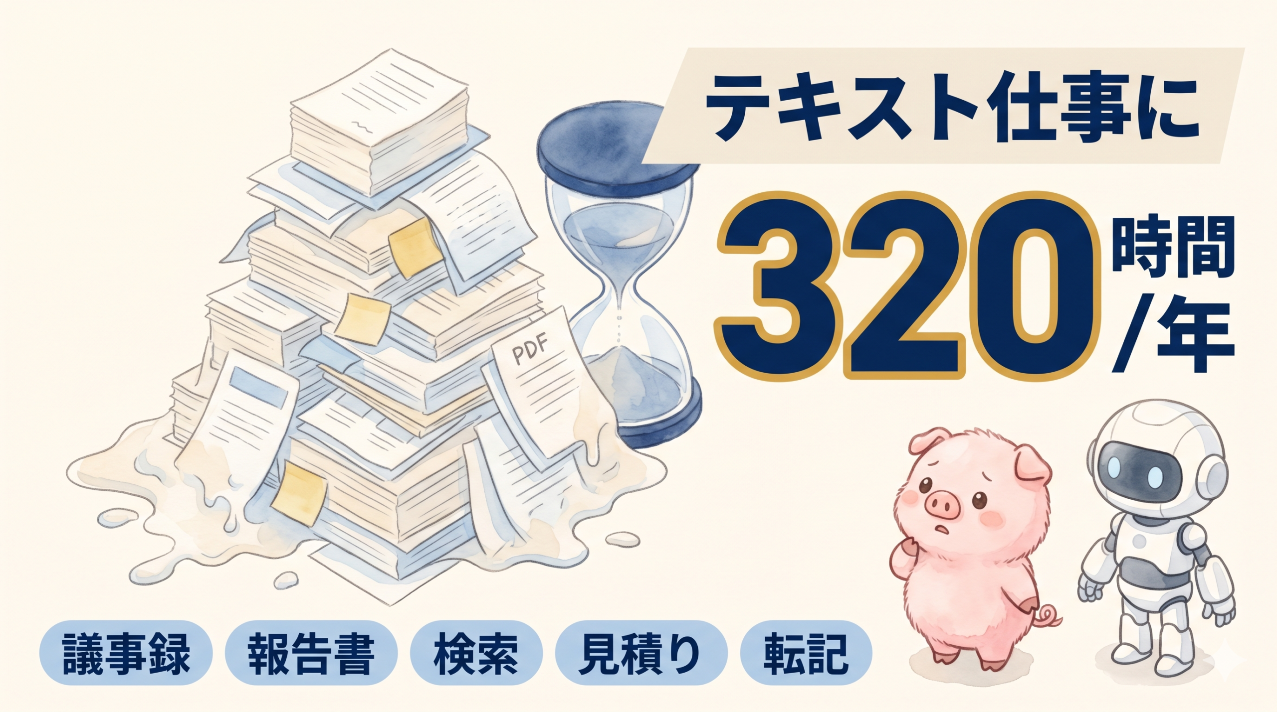 議事録など定型業務に年320時間が溶けることを示した図