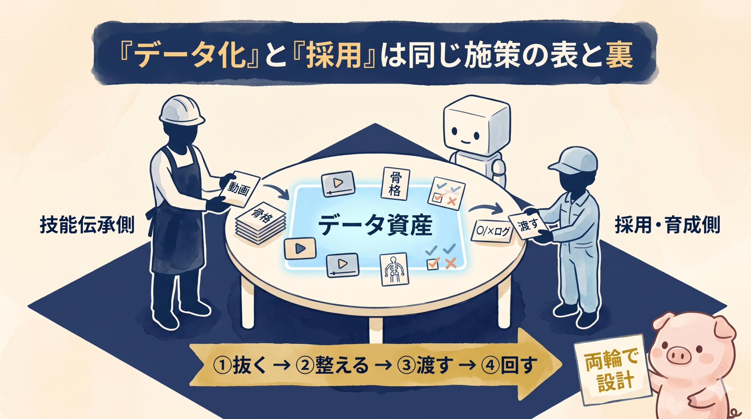 データ化と採用が合流する両輪設計のイメージ