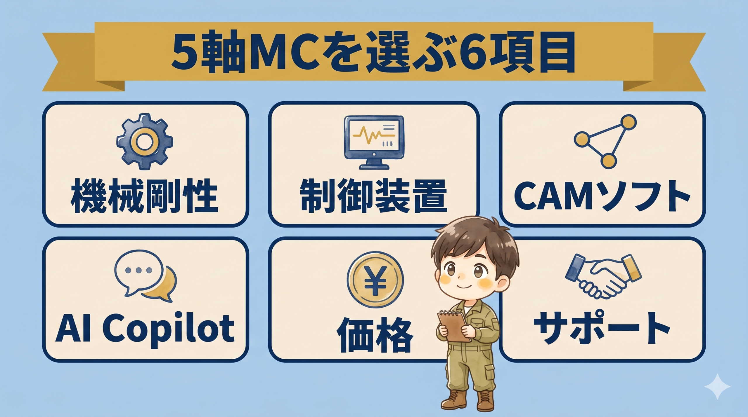 5軸MC選定の6項目チェックリスト図解