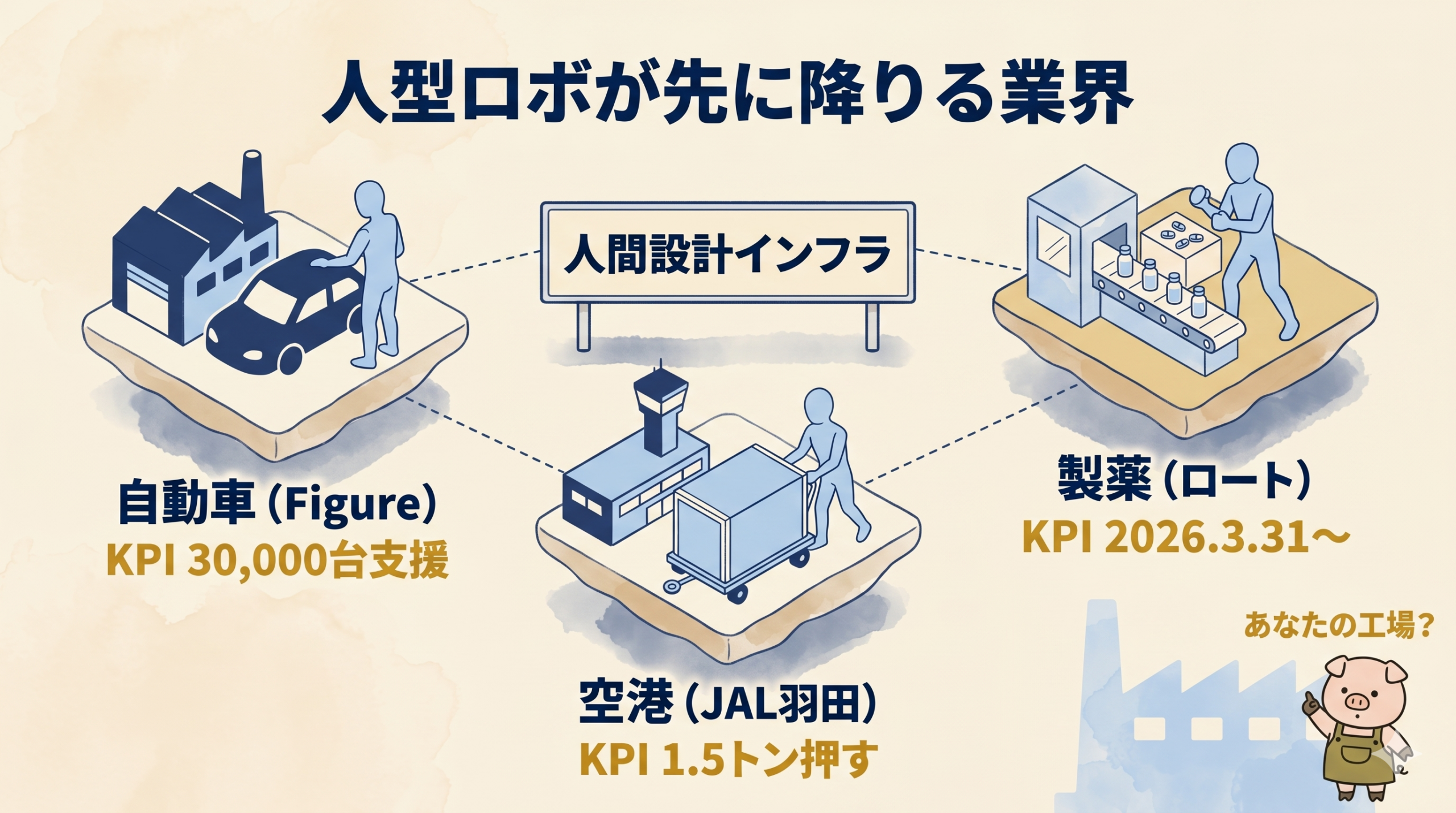 人型ロボが先に降りる業界マップ - 自動車・空港・製薬の3点