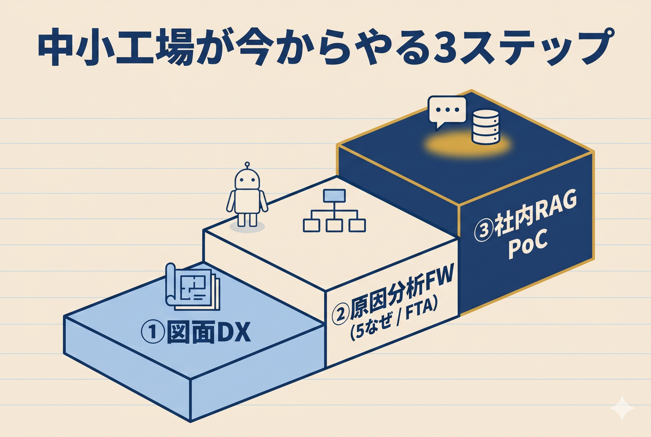 ①図面DX→②原因分析FW (5なぜ/FTA) →③社内RAG PoC の3段階を階段状に並べたフラット+アイソメの図解