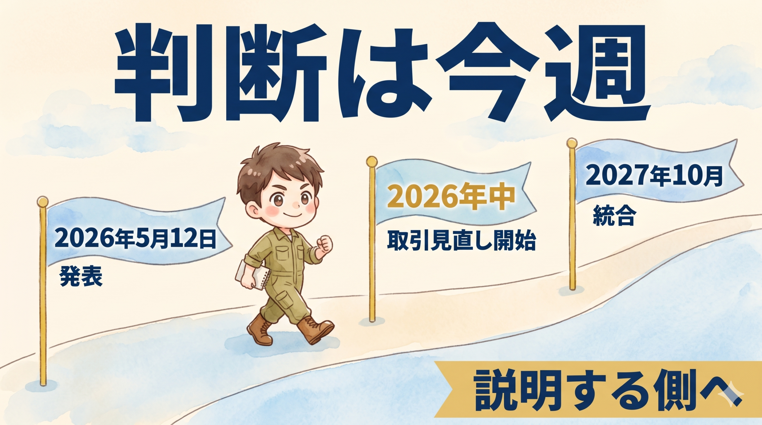 2026年5月12日 発表 → 2026年中 取引見直し開始 → 2027年10月 統合の3点タイムライン、判断は今週