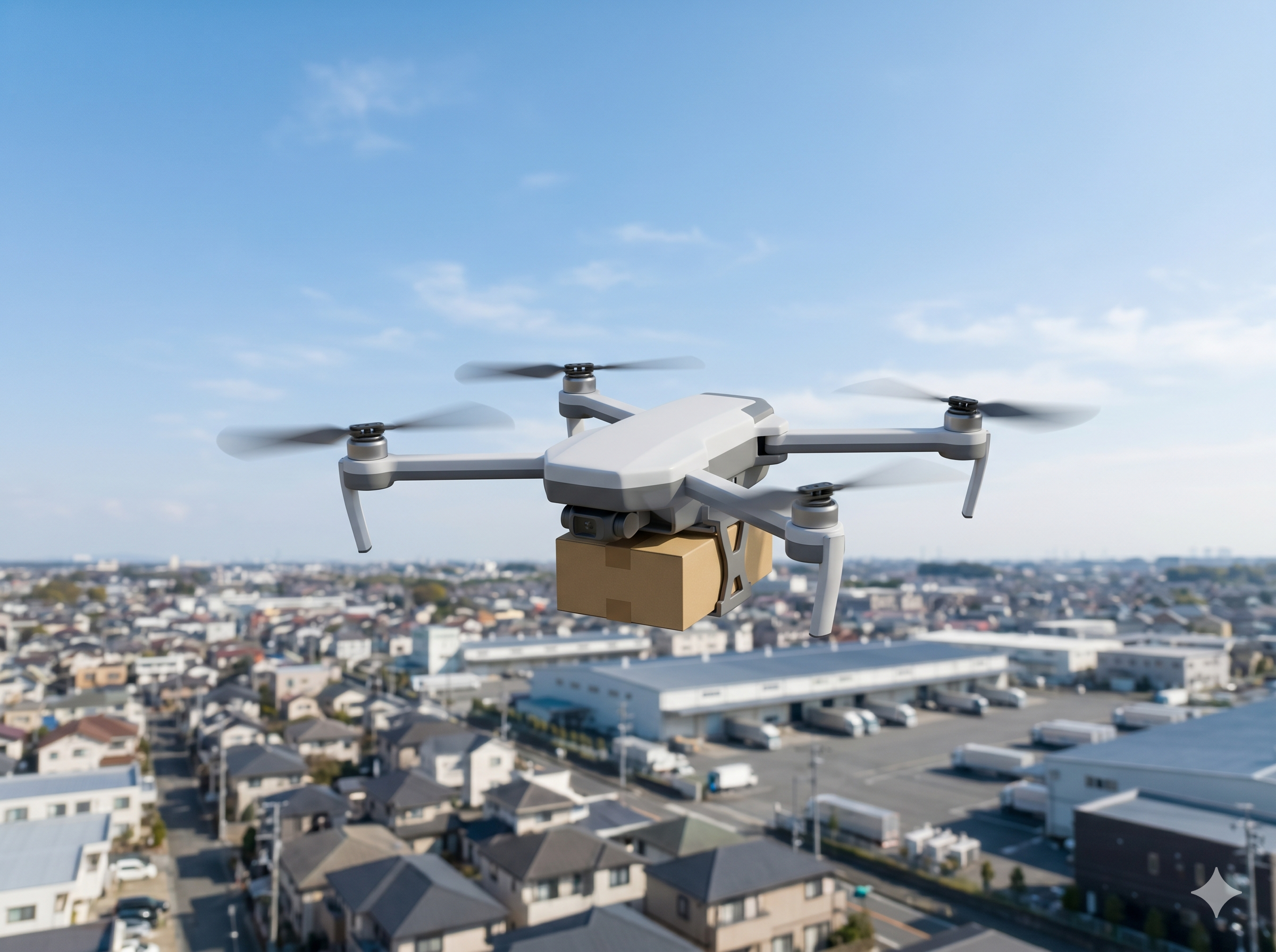 荷物を吊り下げて飛行する物流用ドローンのイメージ