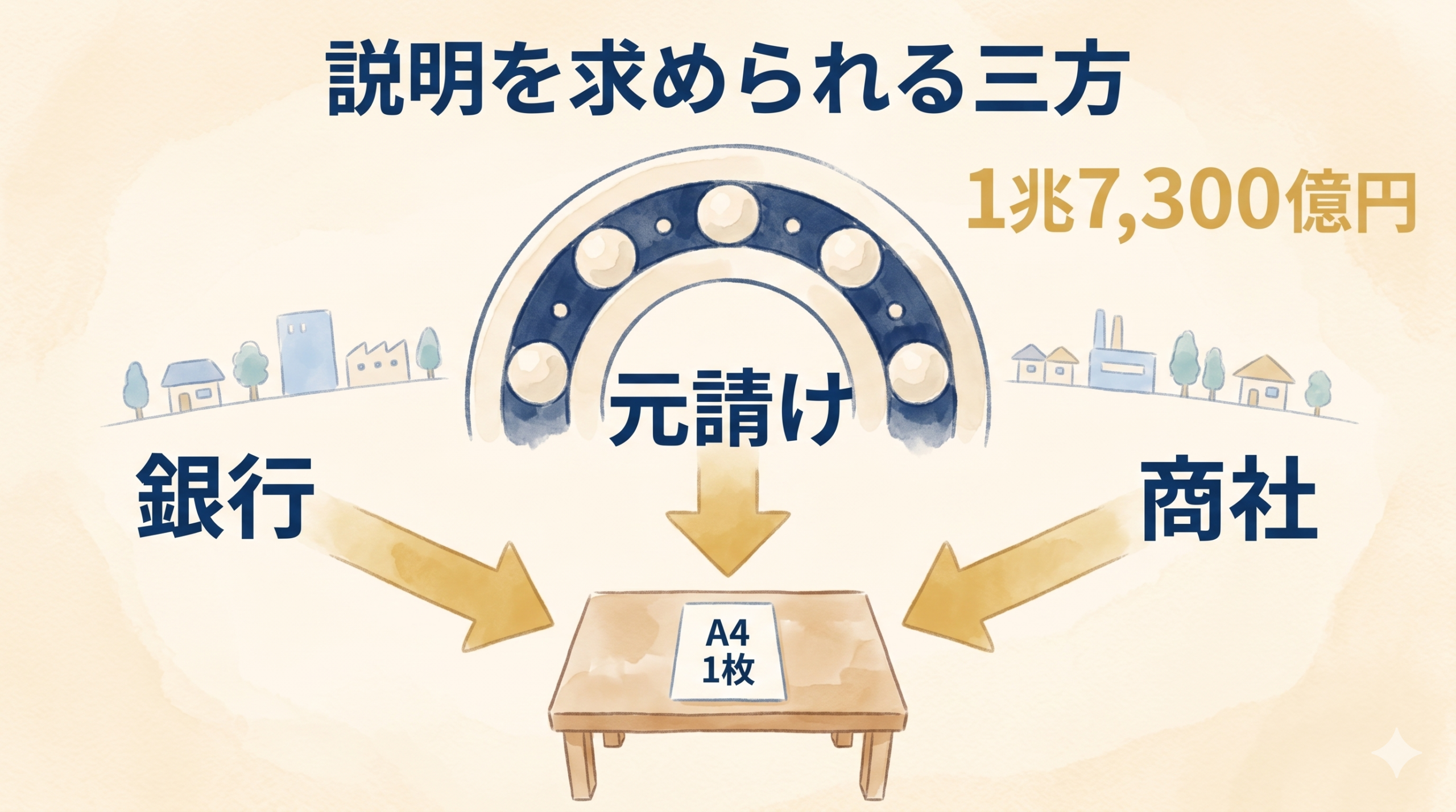 三方 (銀行・元請け・商社) から説明を求められる町工場と軸受モチーフ