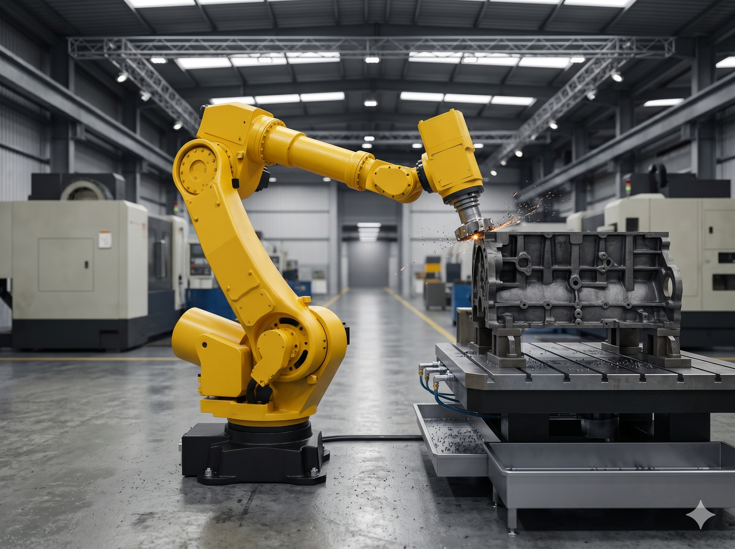 切削スピンドルを持ち鋳鉄部品を加工する産業用ロボット