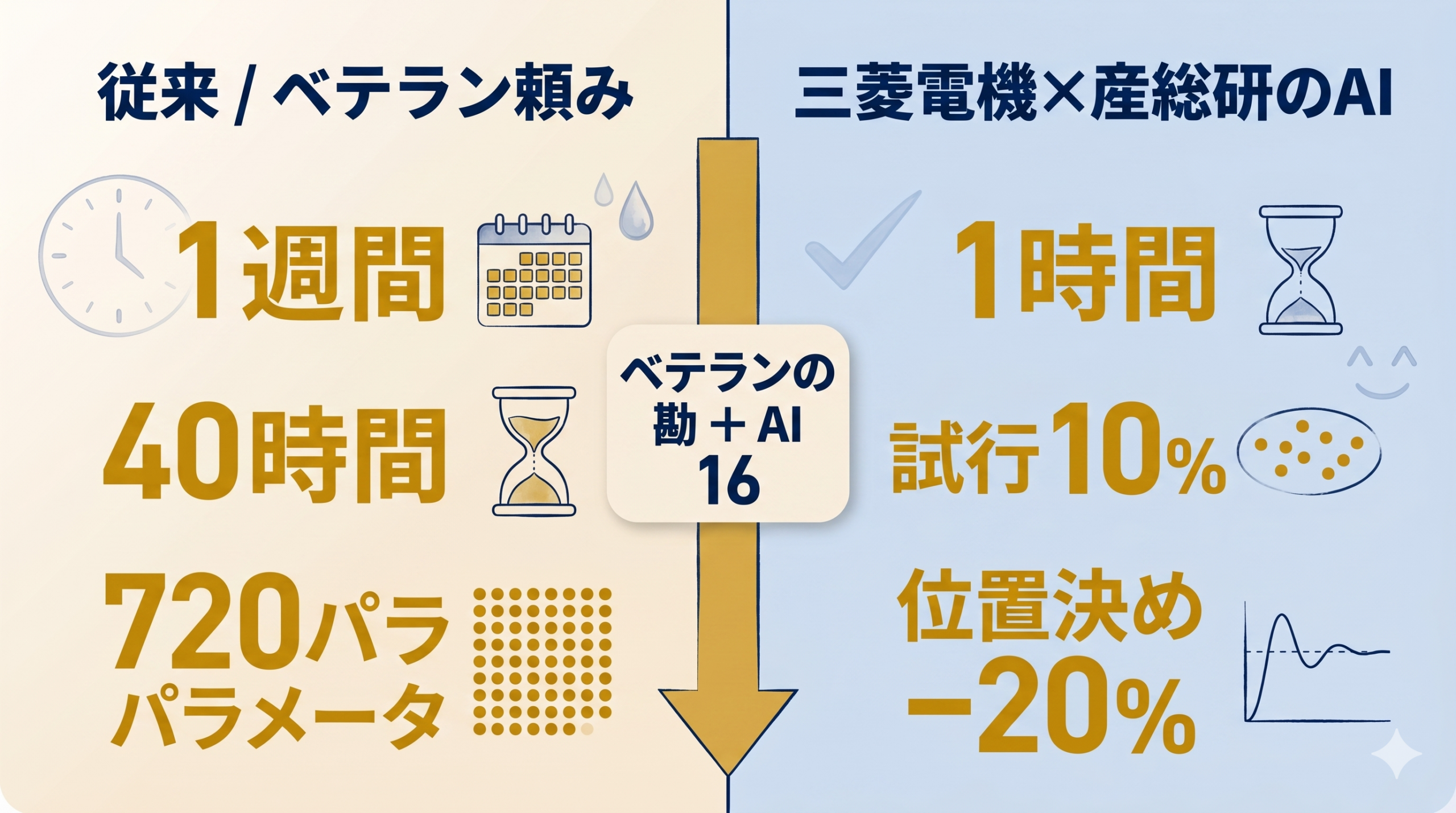 従来のベテラン頼み1週間40時間720パラメータと三菱電機×産総研AIの1時間試行10%位置決め20%短縮の比較