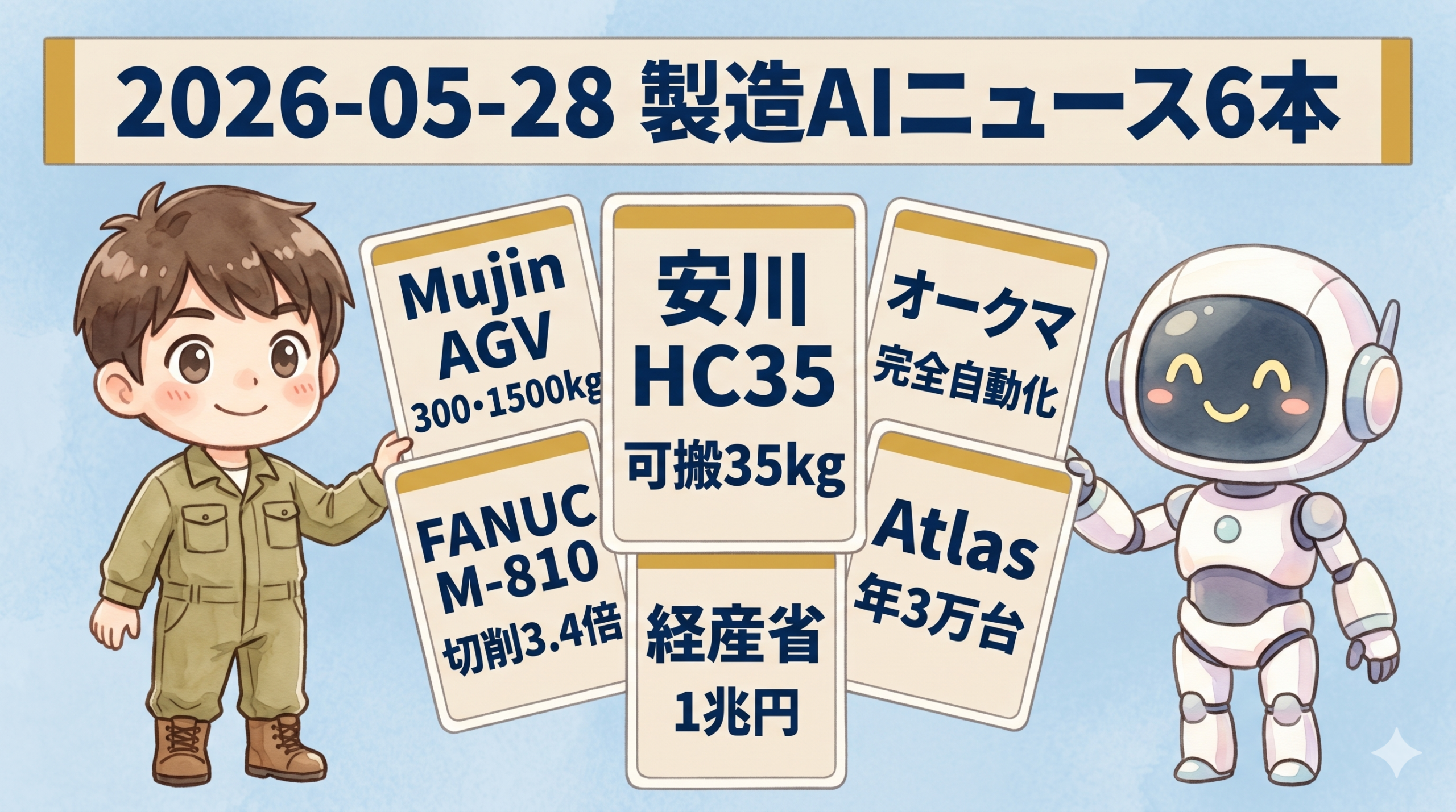 安川MOTOMAN-HC35とMujin AGV・オークマ・FANUC・Hyundai Atlas・経産省1兆円の製造AIニュース6本 2026-05-28