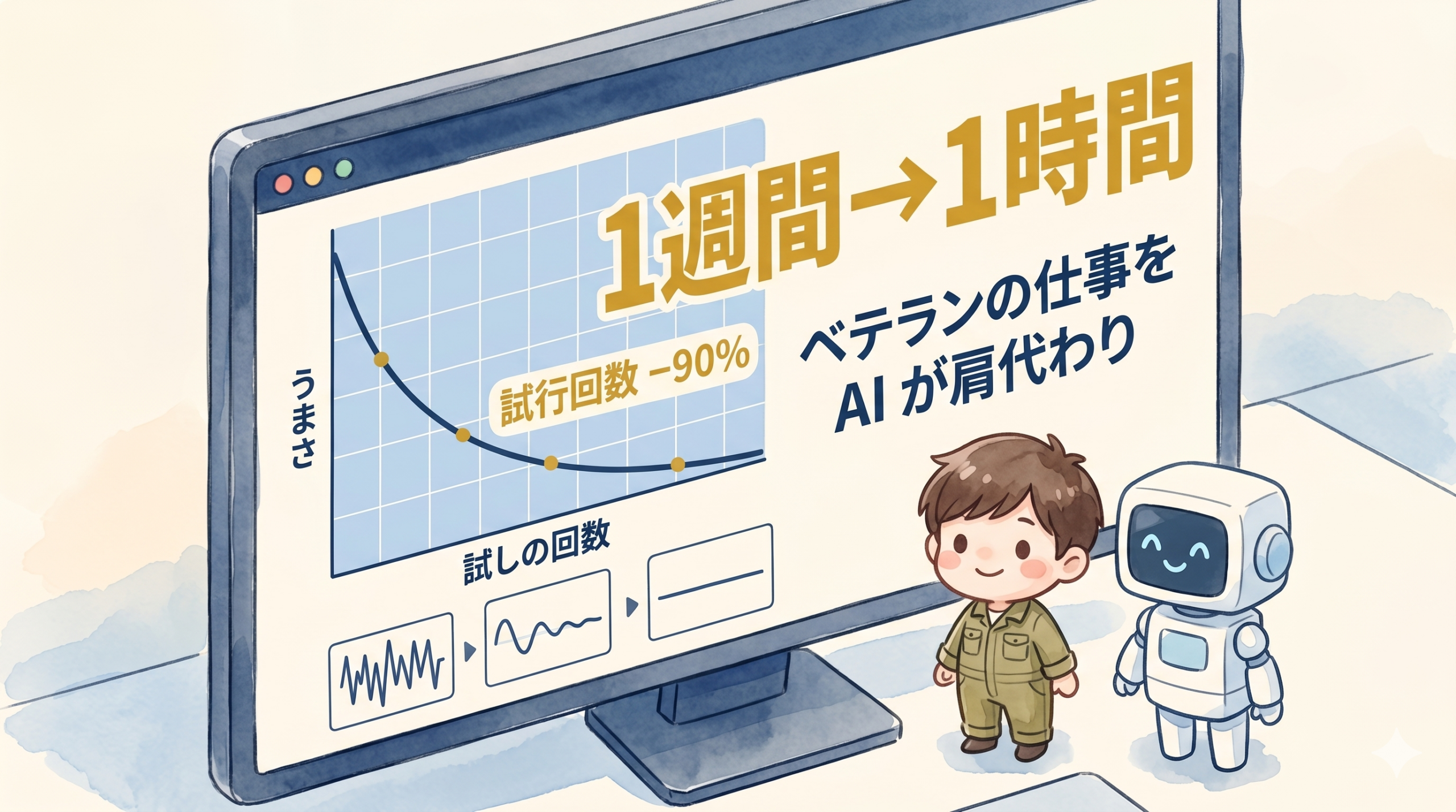 サーボ調整AIのダッシュボードUI ベテランの1週間を1時間に短縮するイメージ