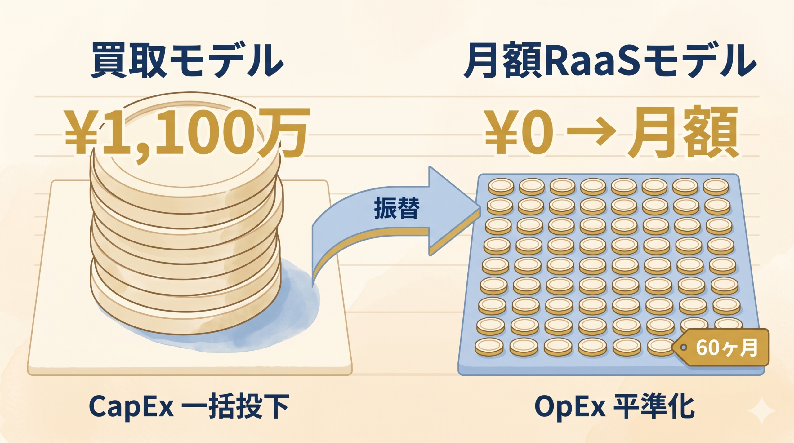買取モデルと月額RaaSモデルのCapEx→OpEx振替図