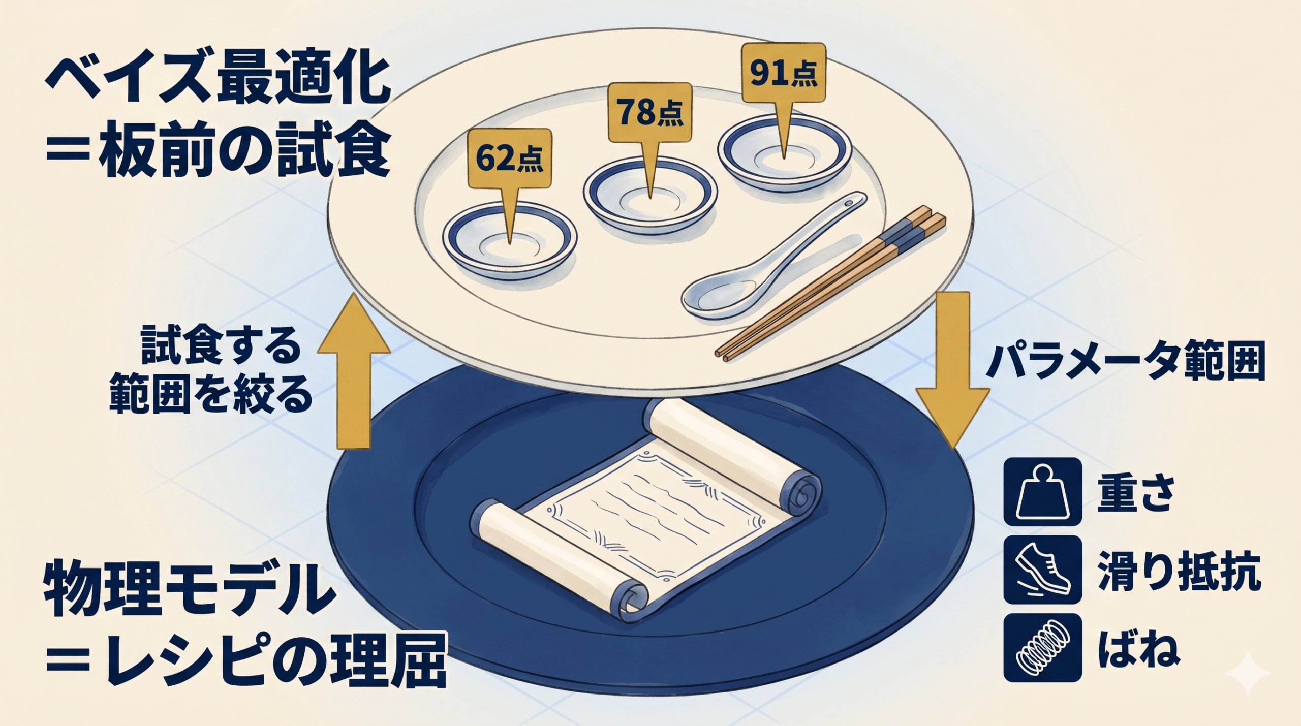 ベイズ最適化を板前の試食 物理モデルをレシピの理屈に例えた二層スタック図解