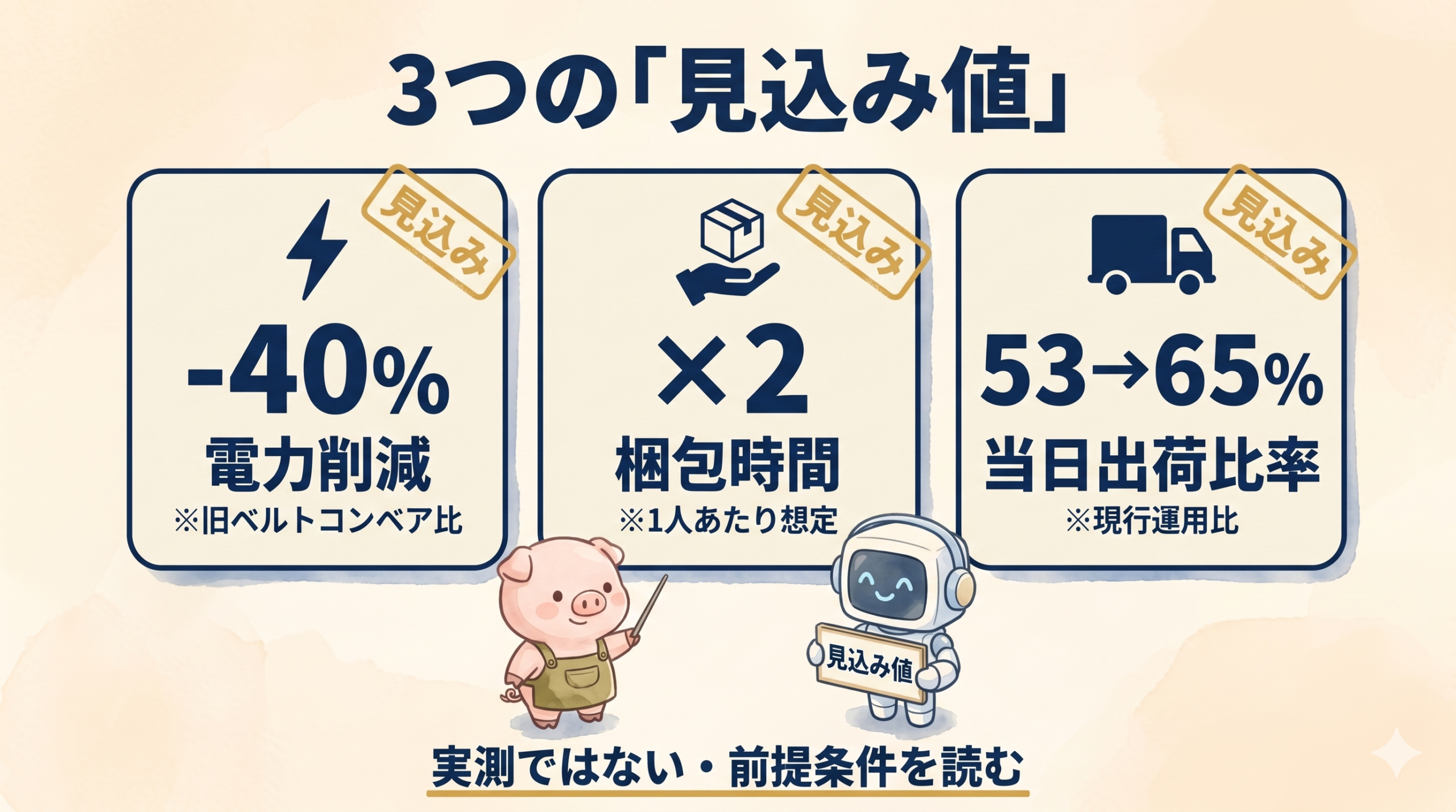 3つの「見込み値」数字カード (電力40%減・梱包2倍・当日出荷53→65%)