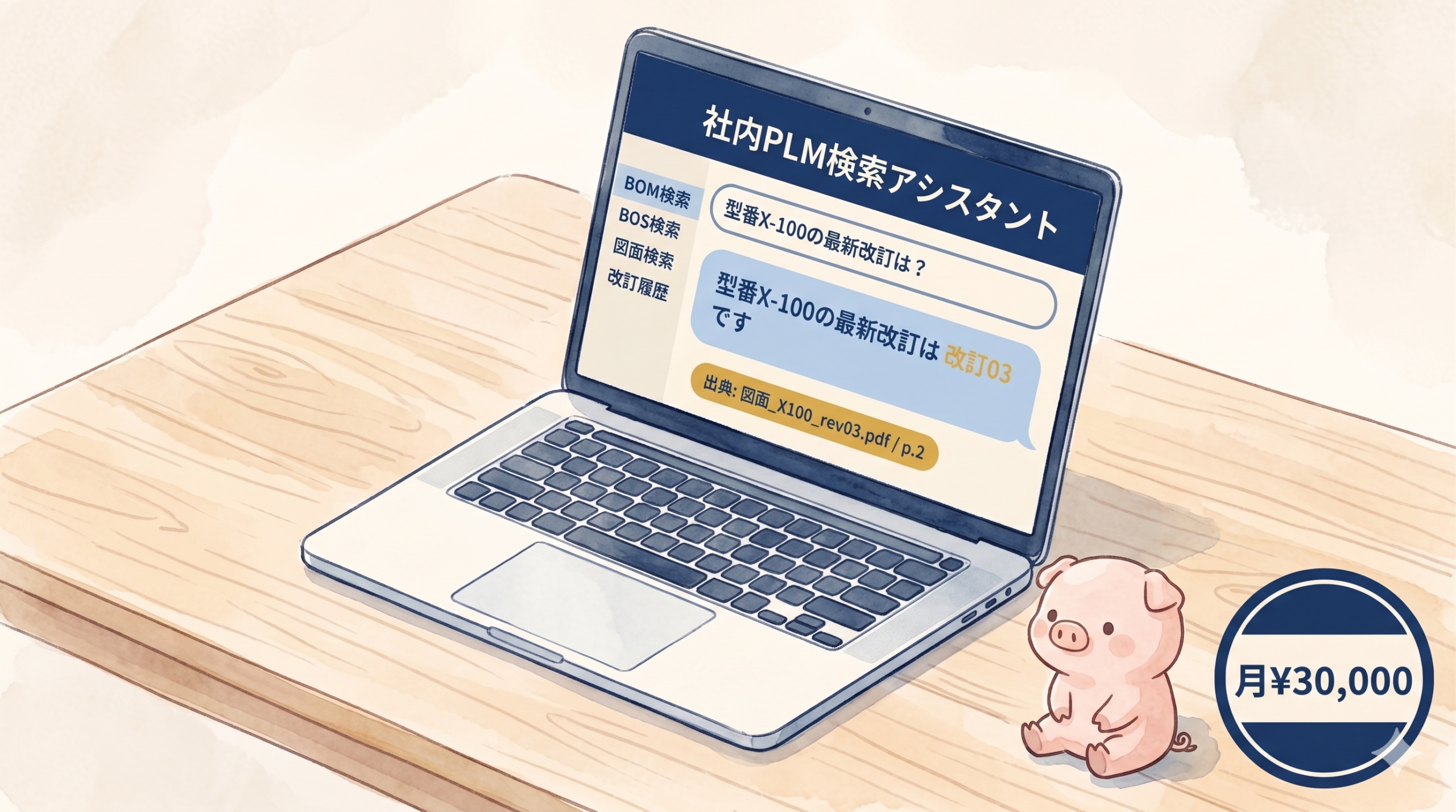 社内PLM検索アシスタント。型番X-100の最新改訂は?月¥30,000