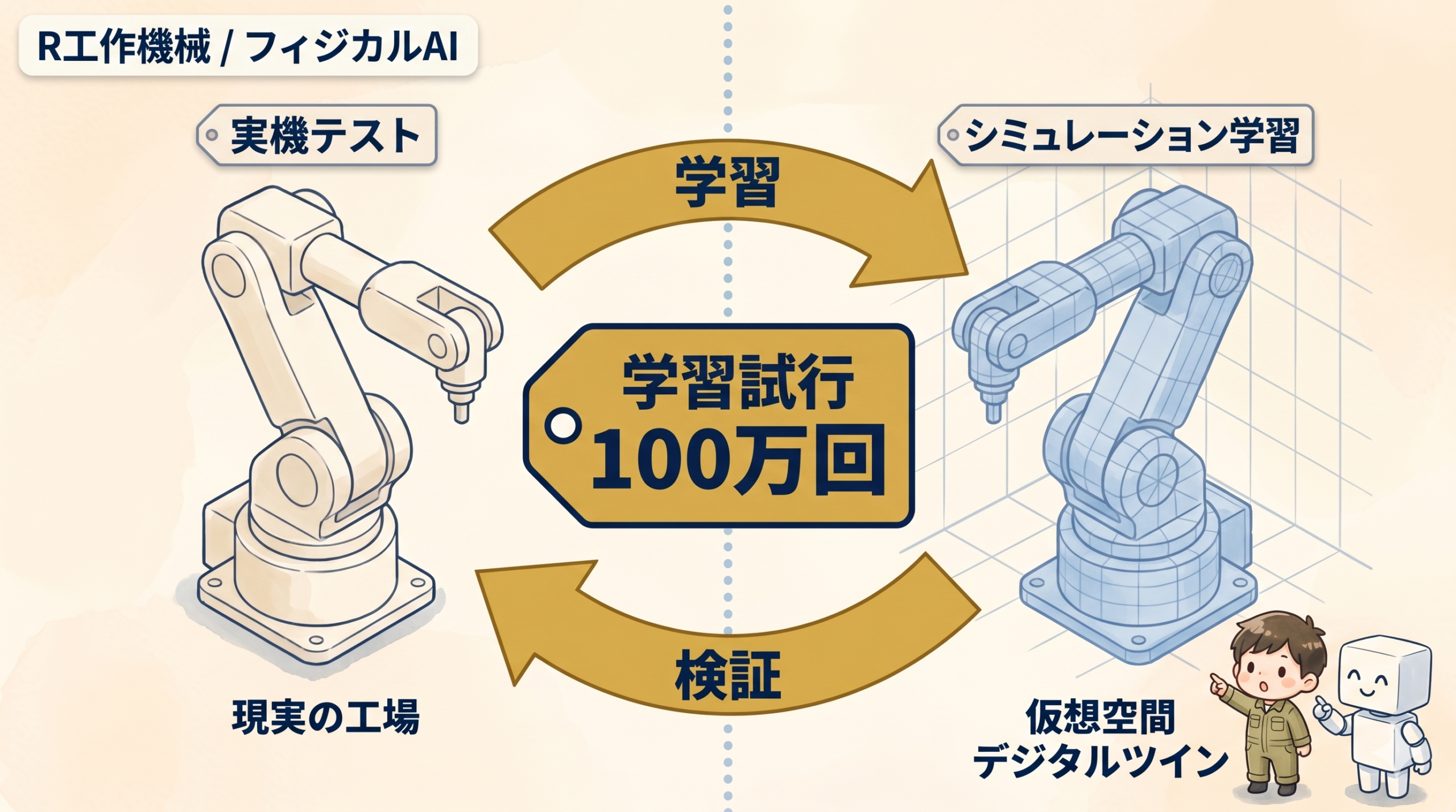 川崎重工×NVIDIA フィジカルAI融合のシミュレーション学習と現実機検証を双方向で行うパイプラインの概念図