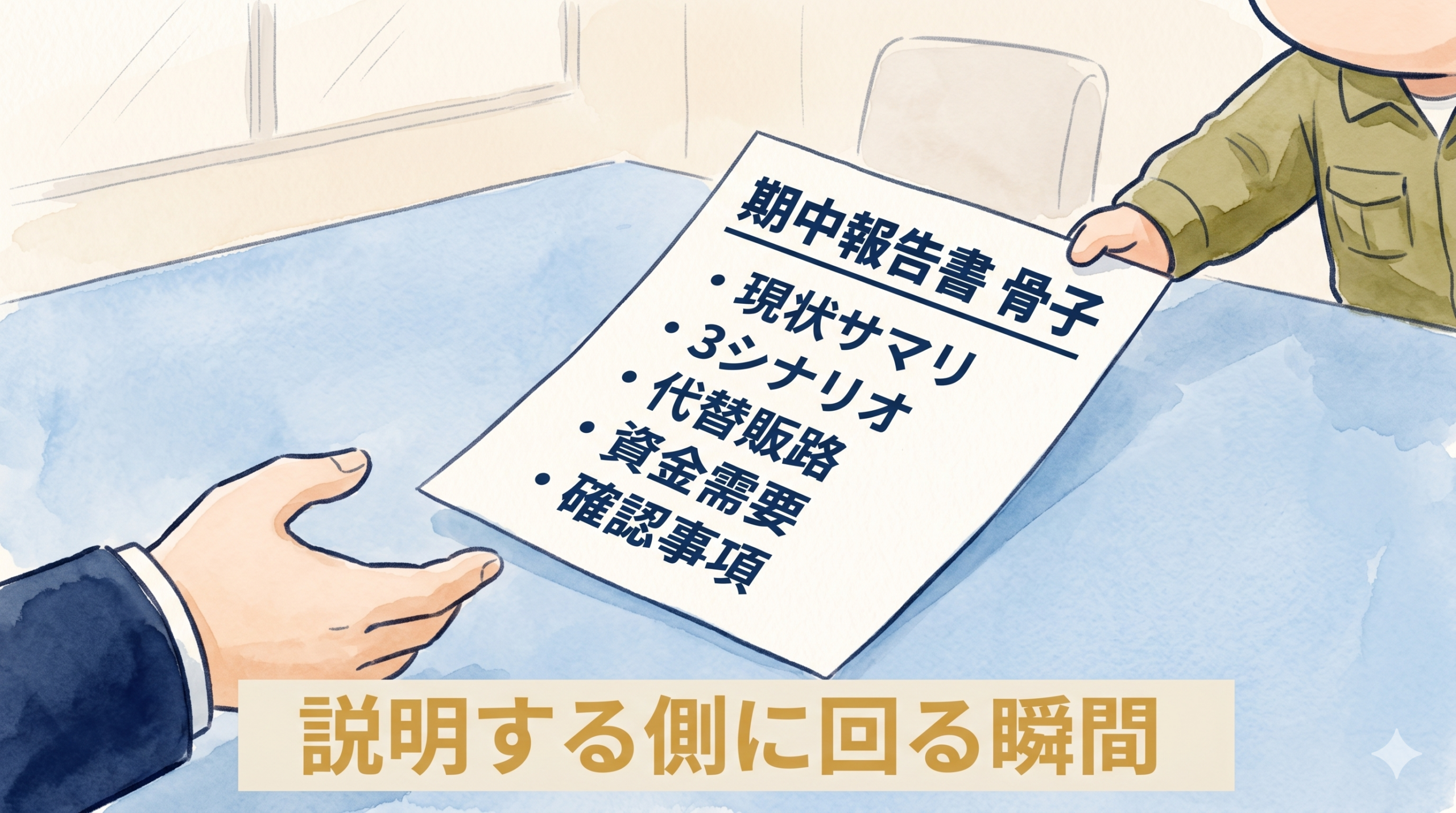 銀行応接室でA4 1枚の期中報告書骨子を差し出す手のクローズアップ