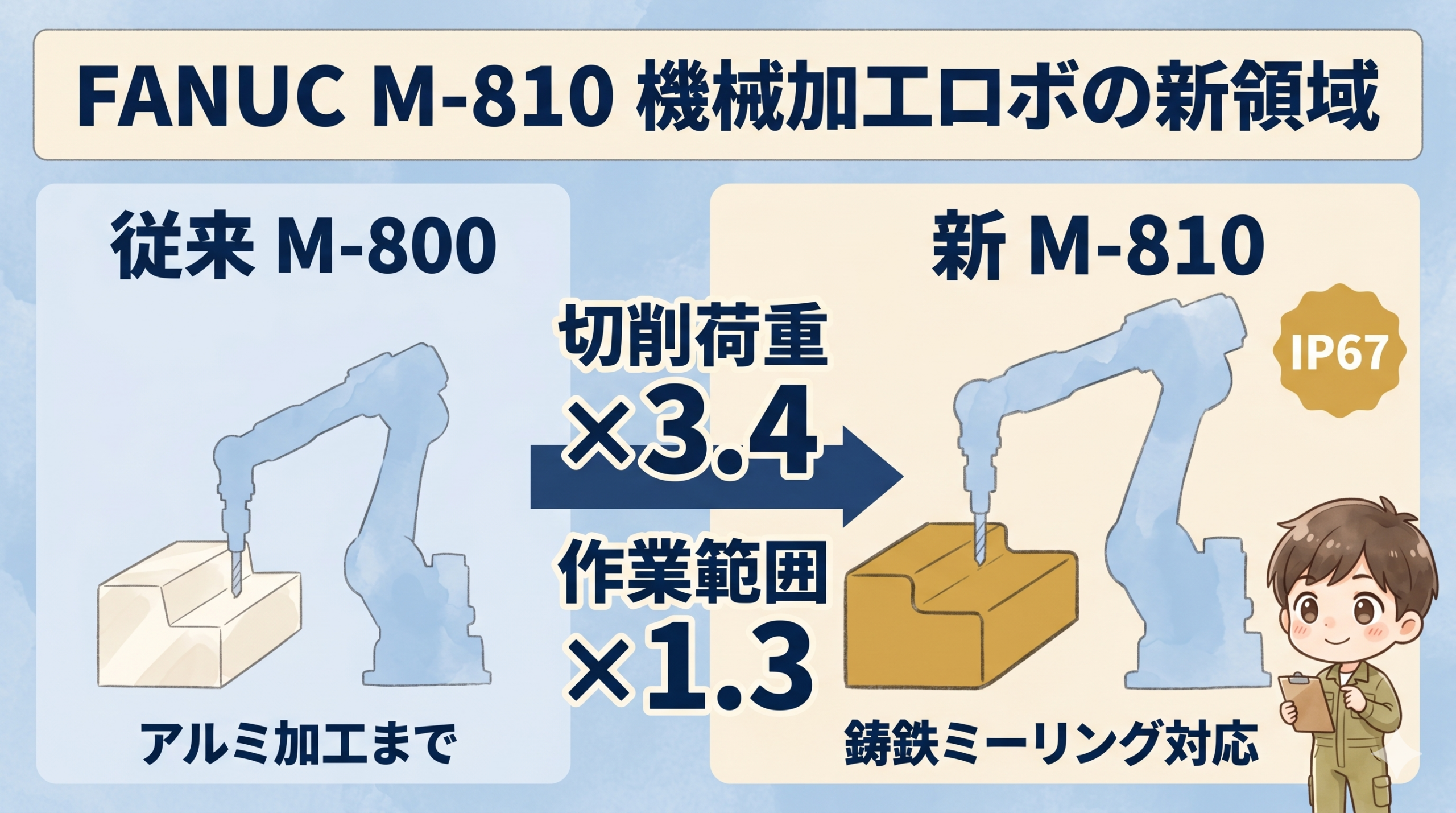 FANUC M-810の切削荷重3.4倍・作業範囲1.3倍のBefore/After比較図