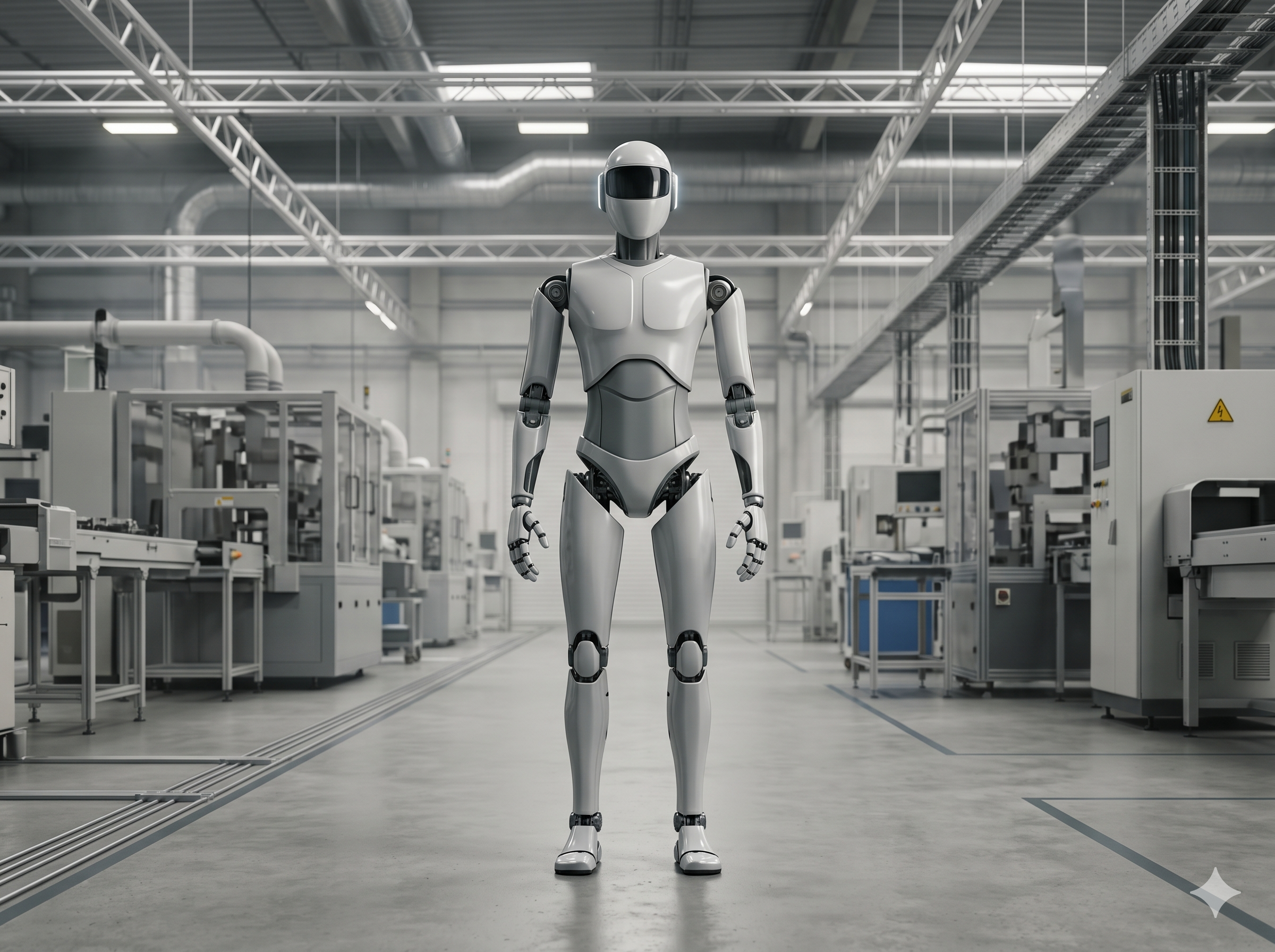 工場の組立ラインで作業する人型ロボットのイメージ