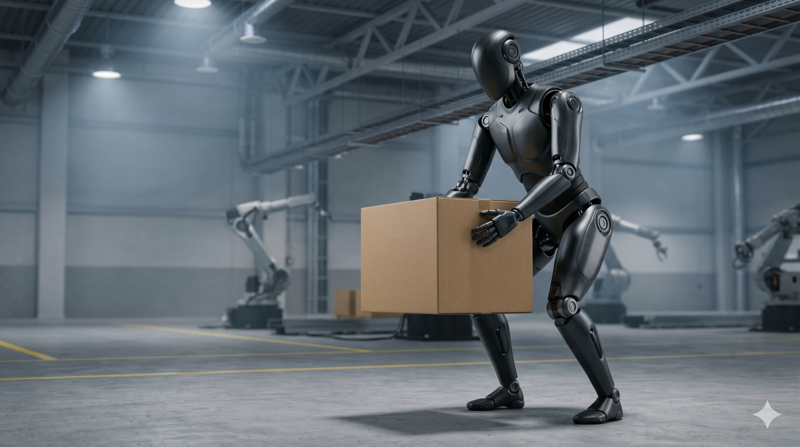 人型ロボットが工場で約45kgの重量物を持ち上げる動作イメージ (Boston Dynamics Atlasの実機ではありません)