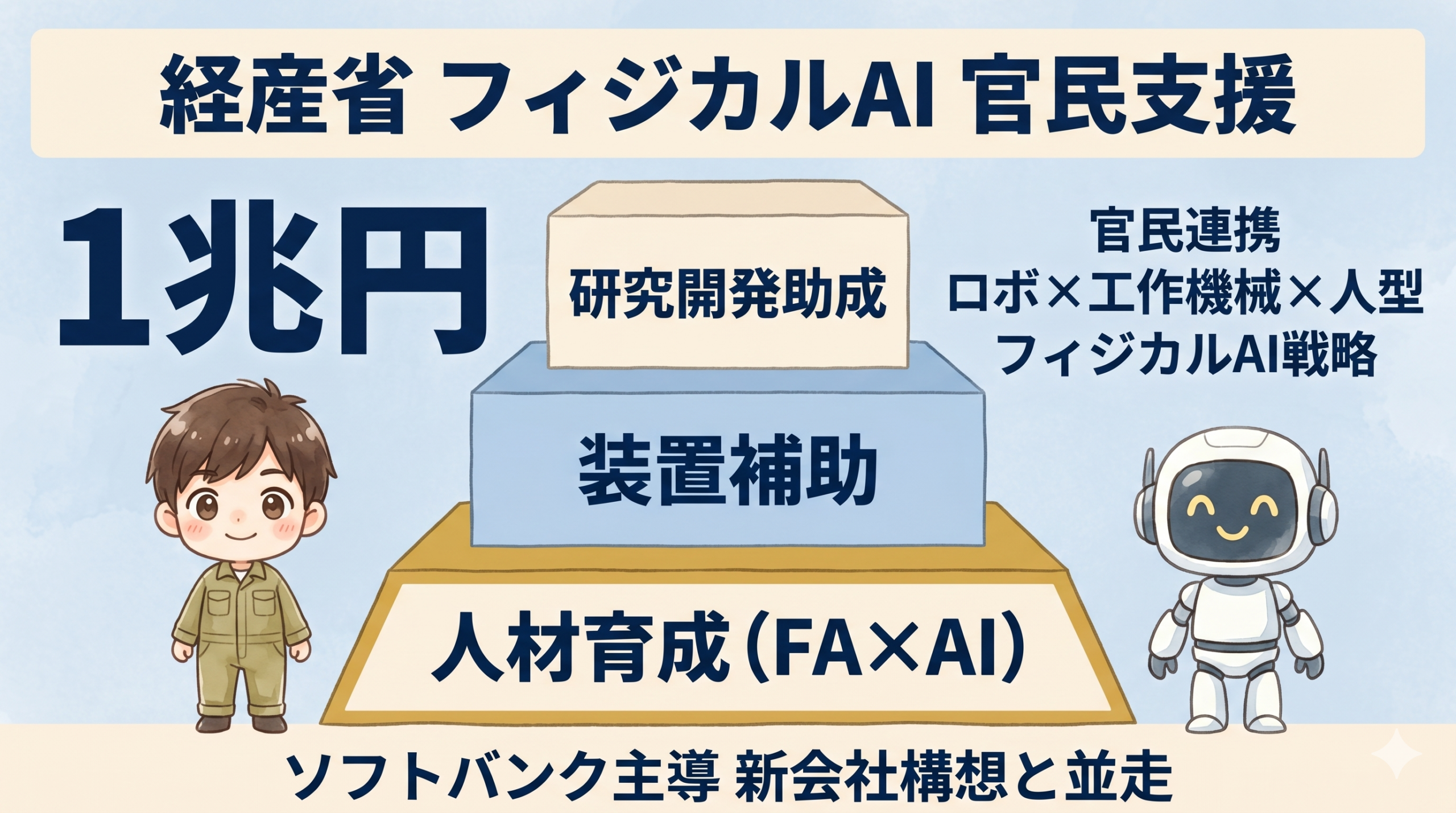 経産省フィジカルAI 官民1兆円支援の3層配分図(研究開発・装置補助・人材育成)