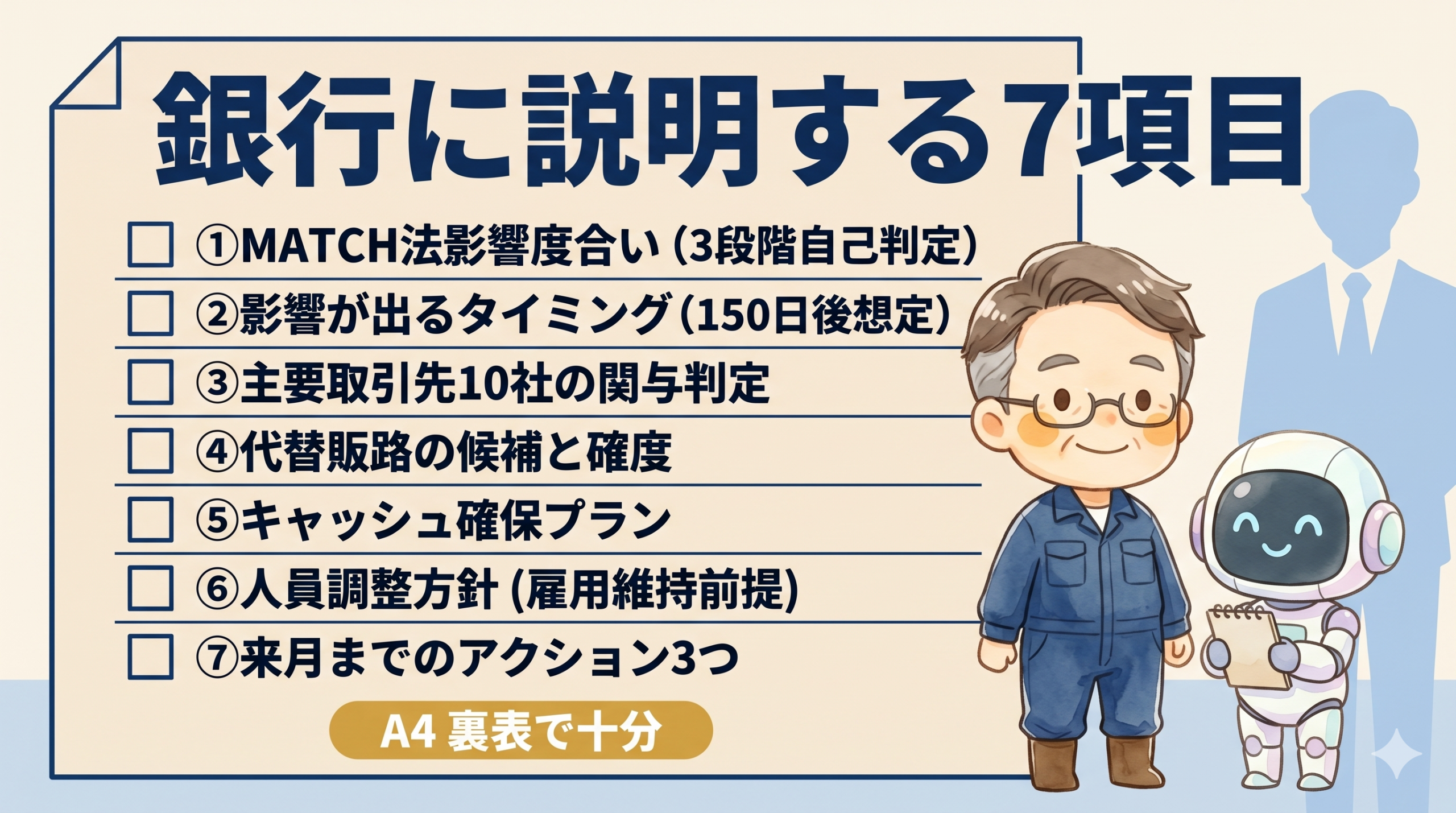 MATCH法影響度合いと代替販路など7項目を1枚にまとめた銀行説明テンプレート