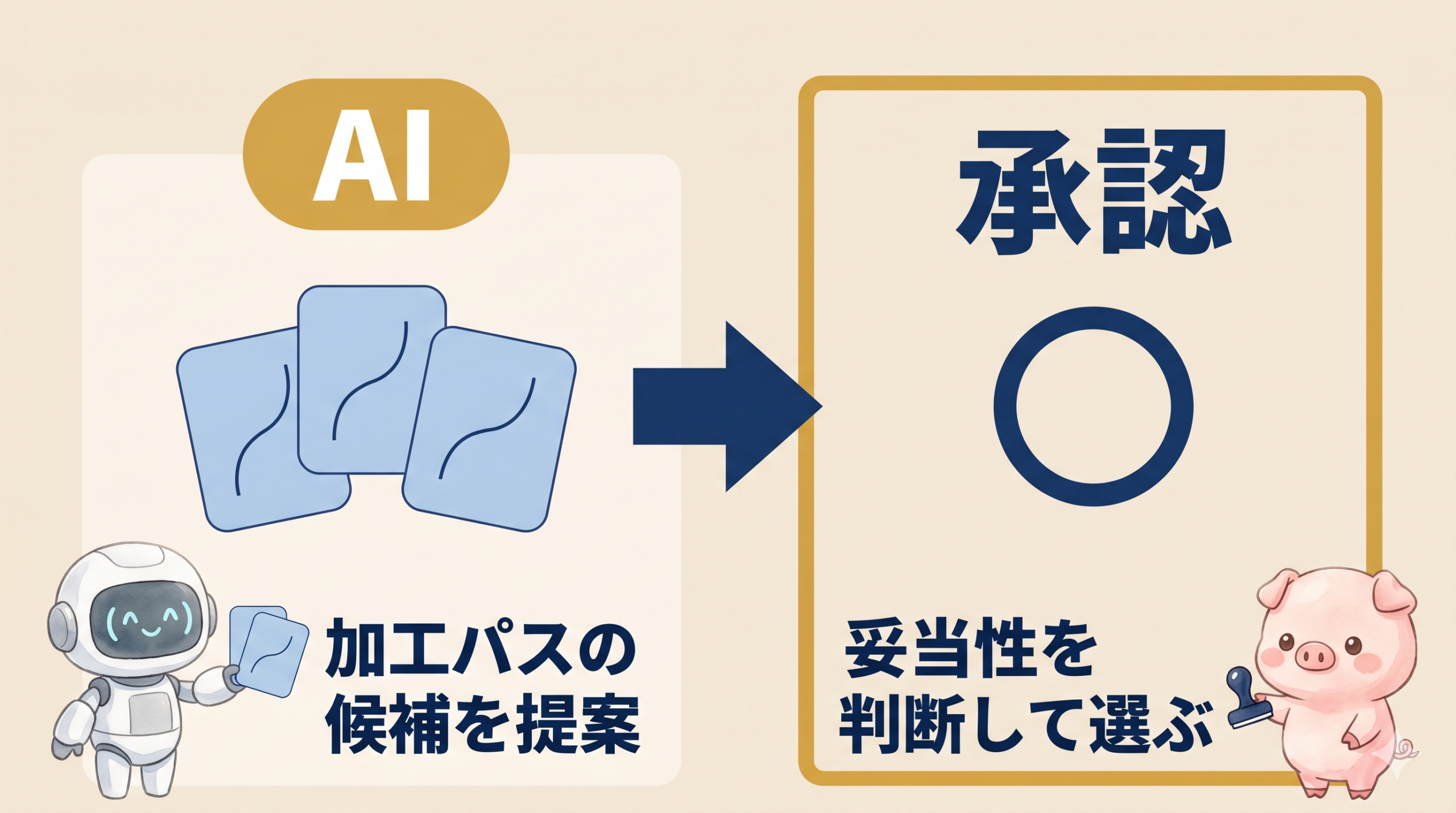 AIが加工パス候補を提案し人が承認する人とAIの分担を示した2レーン図