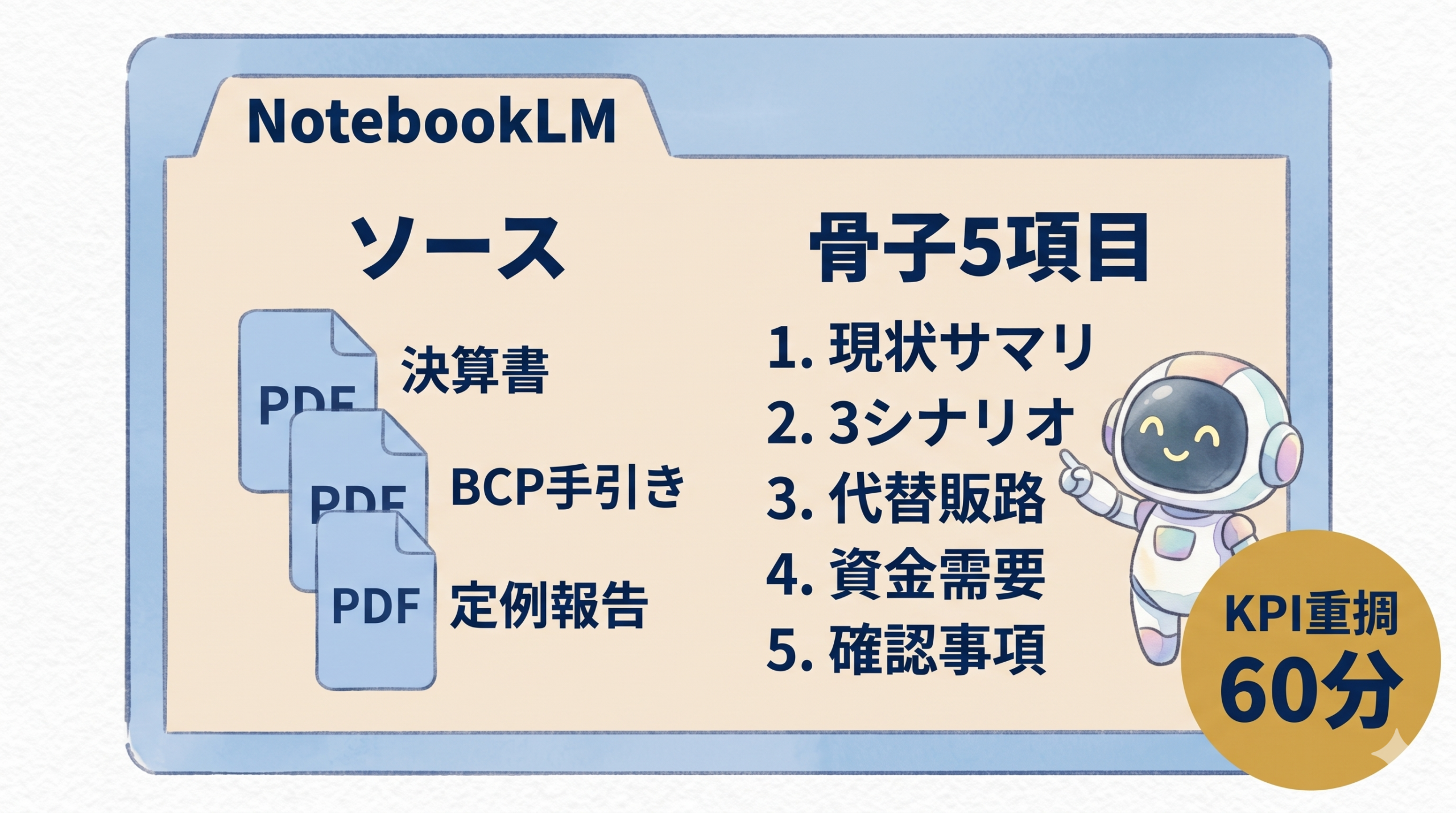 NotebookLMでPDF3点 (決算書・BCP手引き・定例報告) を骨子5項目に変換する画面、60分バッジ