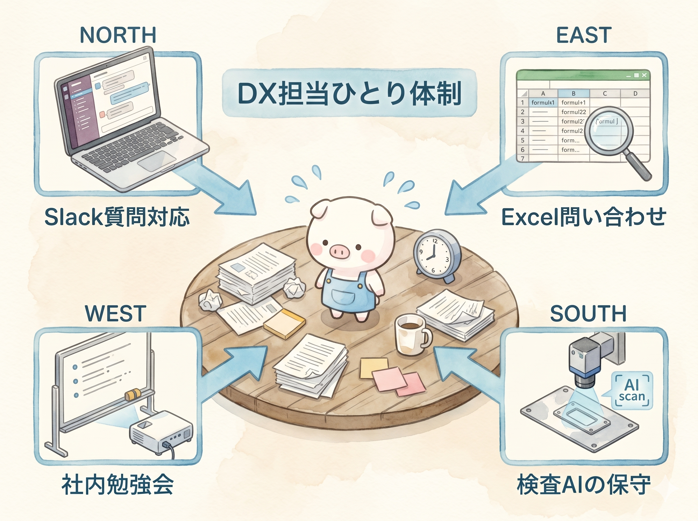 来週月曜から動ける7日間アクションマップ。AI/DXタスク棚卸し10分、課題保有者名のひも付け20分、AI Agent Camp試算15分の合計45分プランを示す
