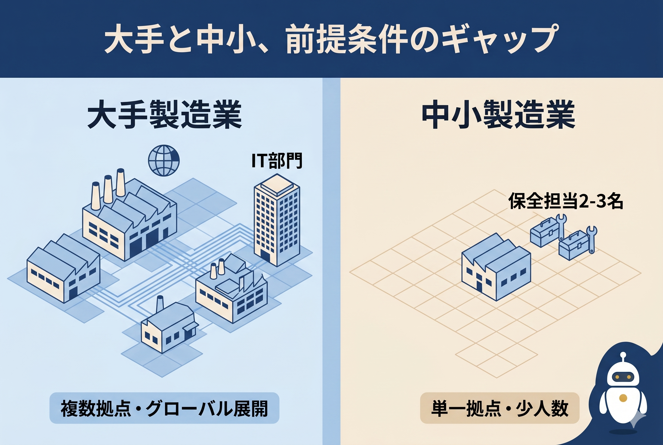 左に複数拠点とIT部門タワーを持つ大手製造業、右に単一拠点と工具箱アイコンで保全担当2-3名を示す中小製造業を比較した2分割アイソメ図