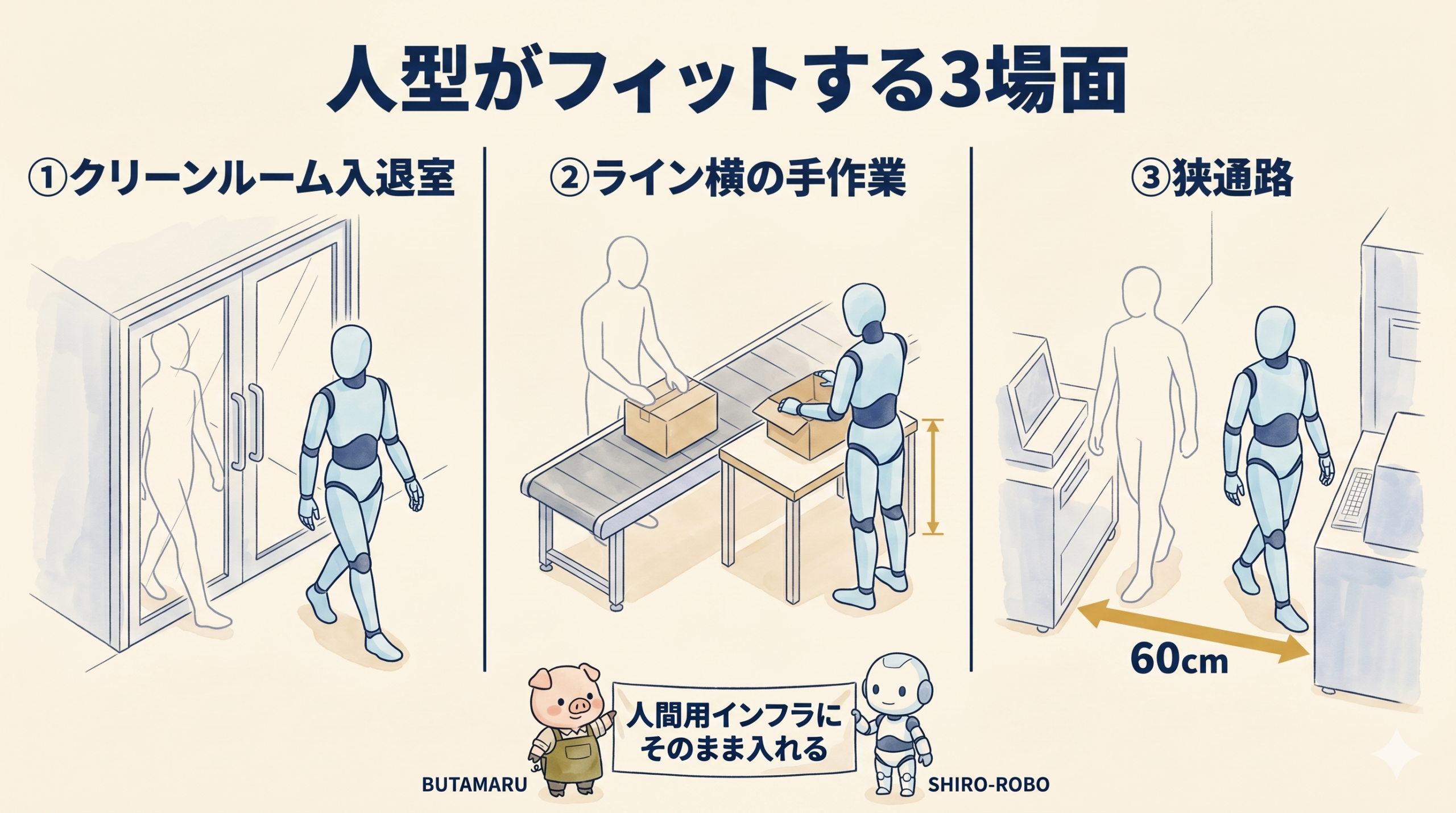 人型がフィットする3場面 - クリーンルーム・ライン横・狭通路60cm