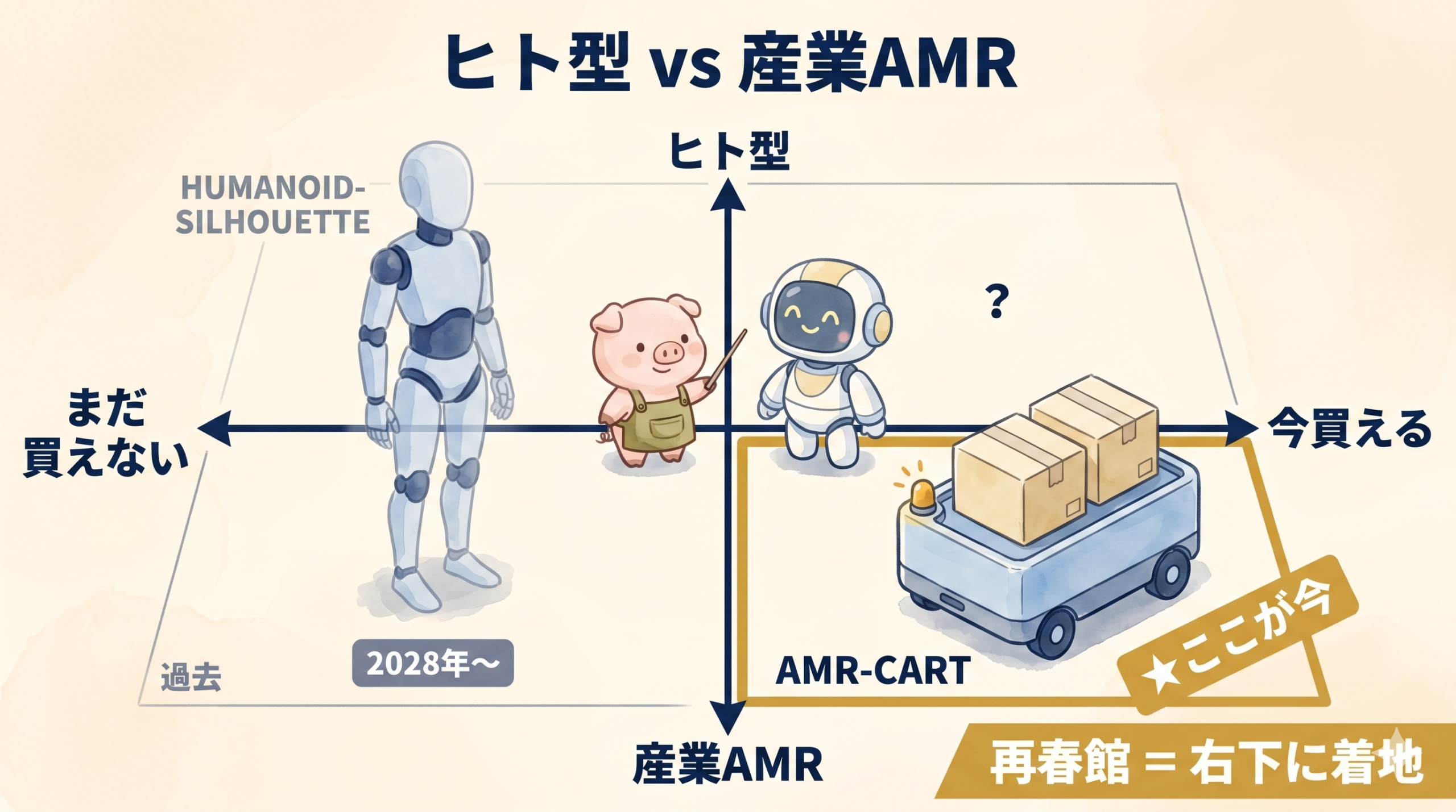 2軸マップ ヒト型vs産業AMR、産業AMRは『今買える』