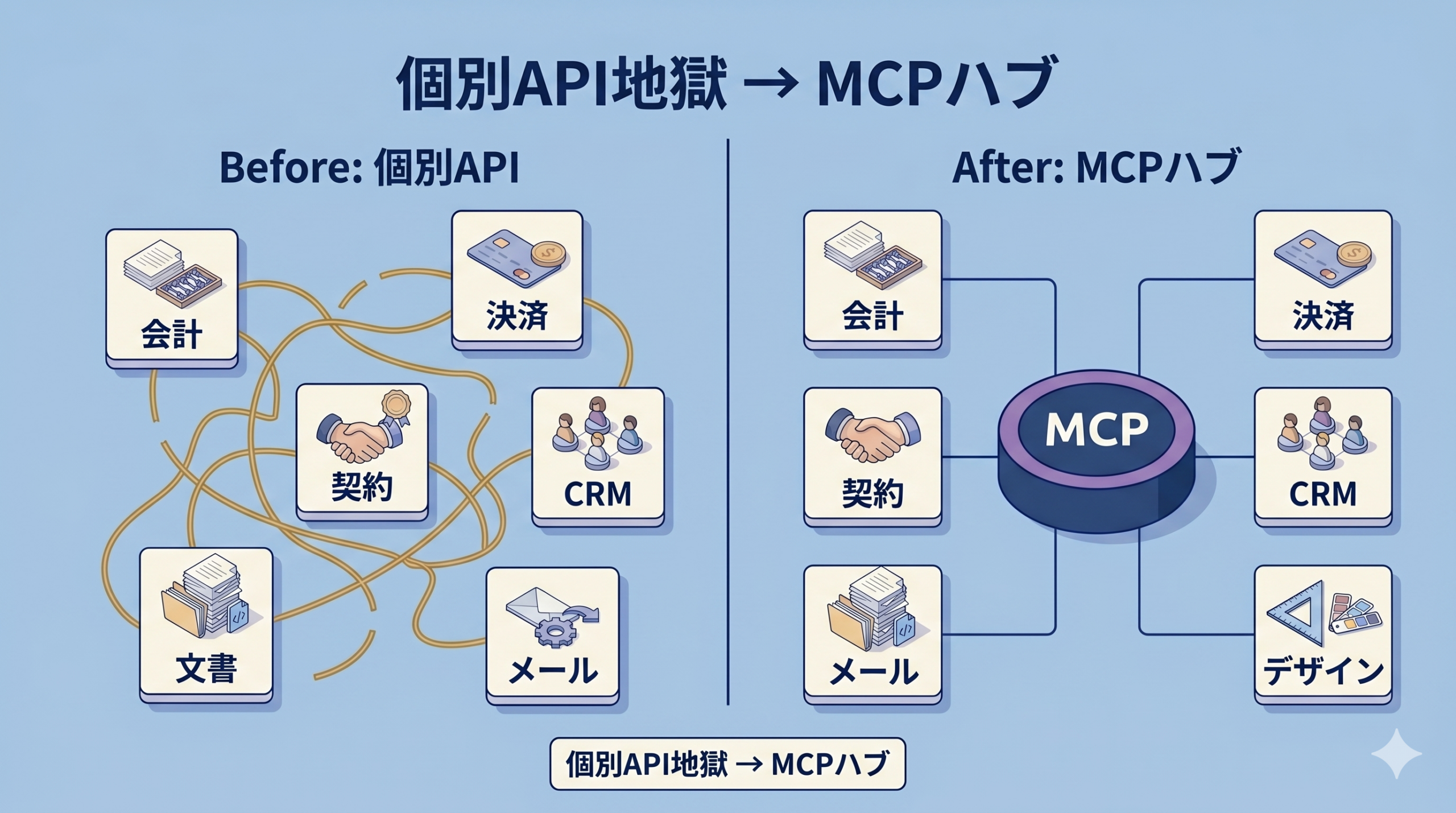 従来の個別API地獄からMCPハブ構造への移行を示す対比図。Before側は会計・CRM・決済・契約・メール・文書の6ツールが絡み合う蜘蛛の巣状、After側はMCPハブを介して整然と接続