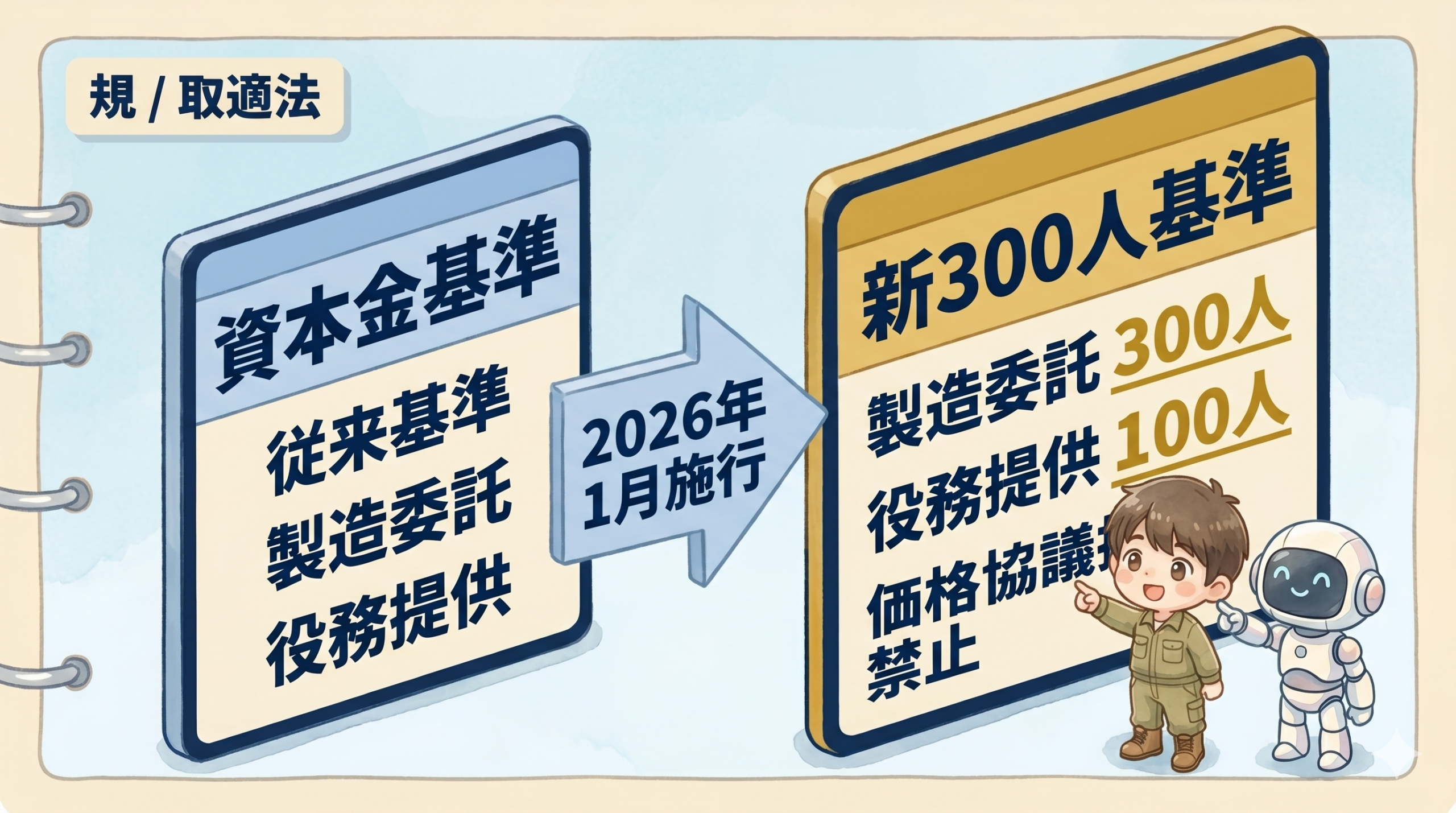 取適法の新基準「常時雇用従業員300人」と価格協議拒否禁止を整理した制度概要図