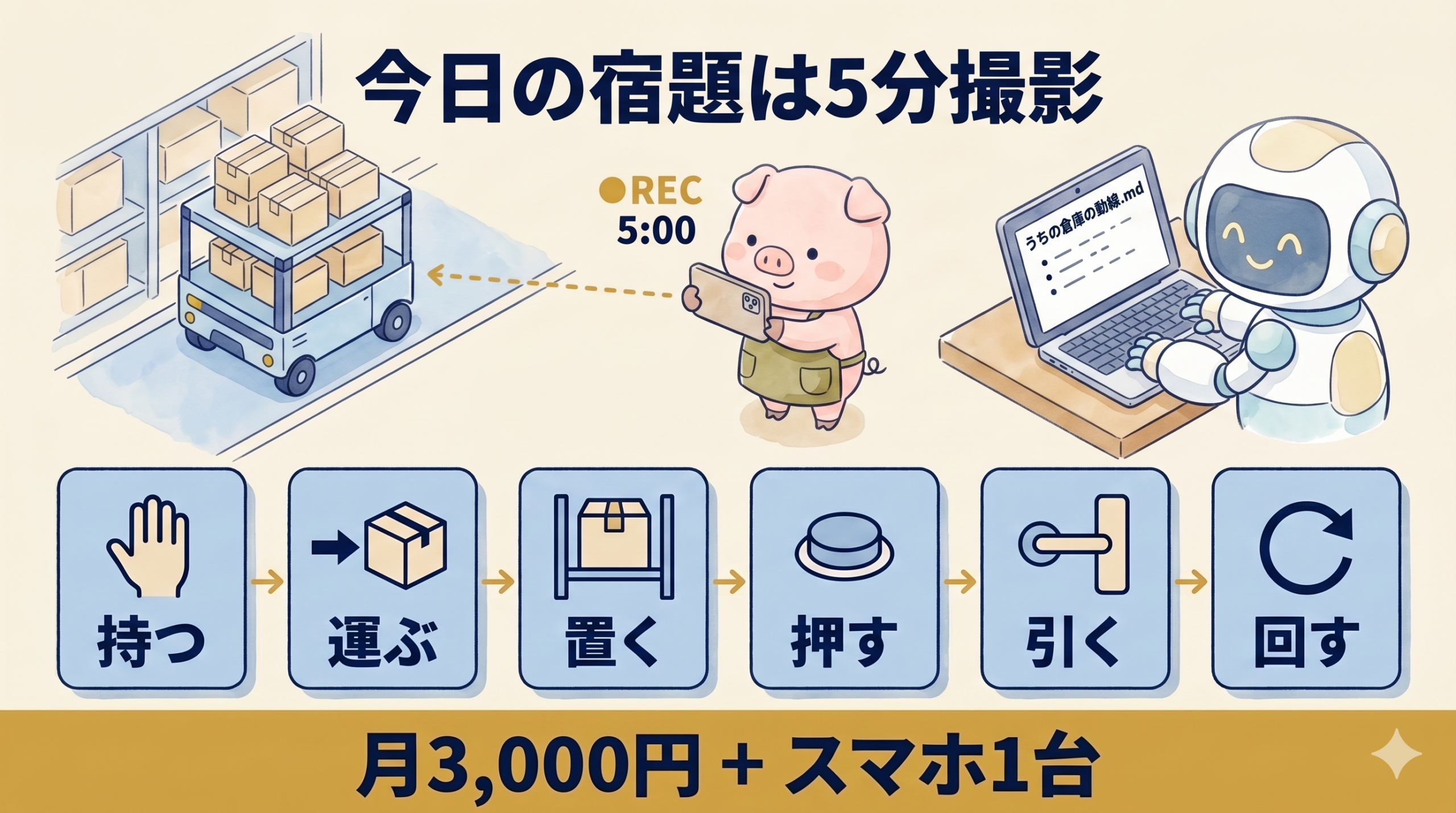 倉庫スマホ5分撮影と動詞6個カード (持つ・運ぶ・置く・押す・引く・回す)