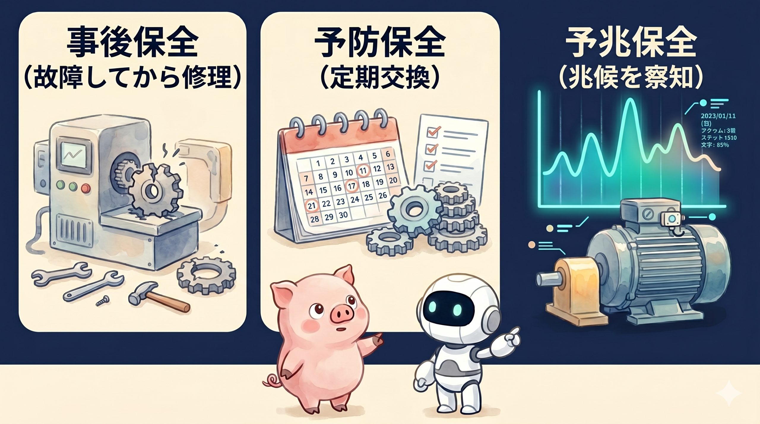 ピンクの豚と白いロボットが事後保全・予防保全・予兆保全の3つの保全スタイルを比べる水彩イラスト