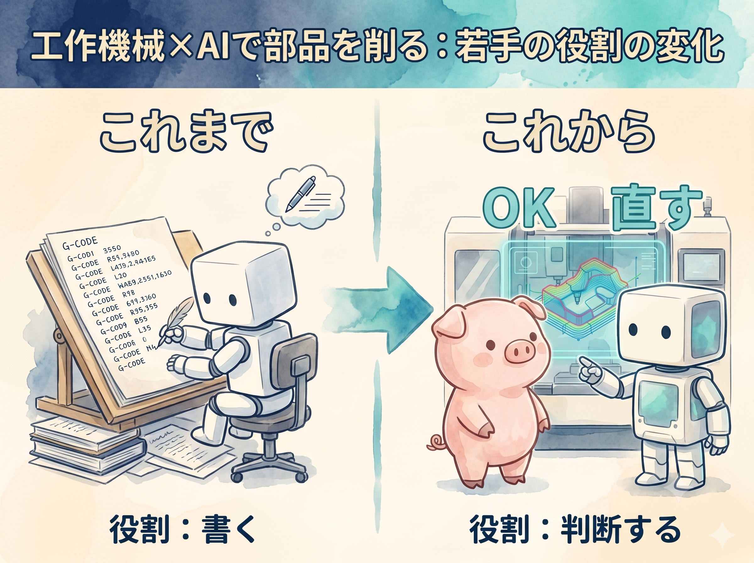 若手の役割が書くから判断するへ移ることを表した図解