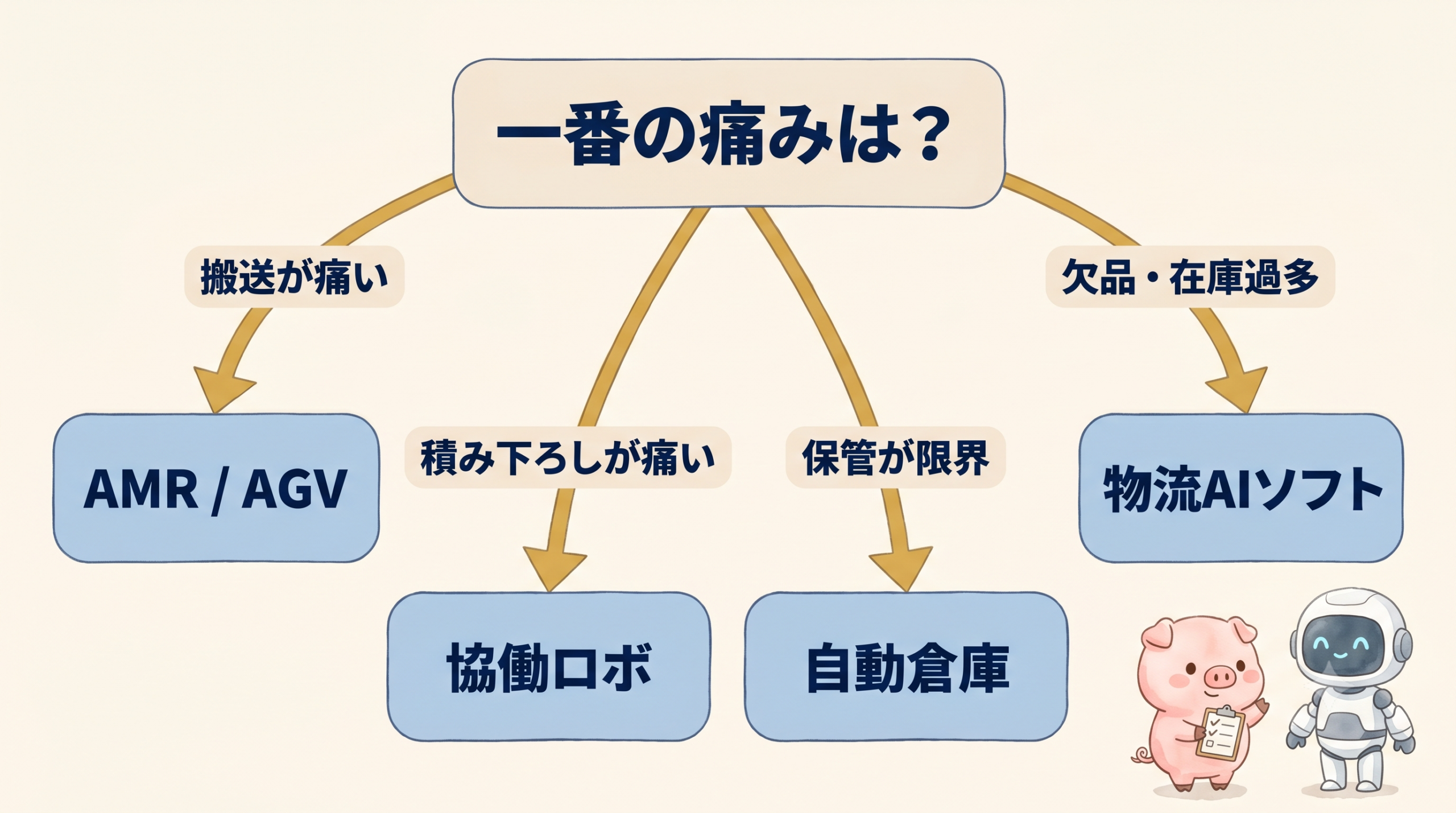 一番の痛みが搬送・積み下ろし・保管・在庫のどれかで5択の入口を選ぶ判断フロー図