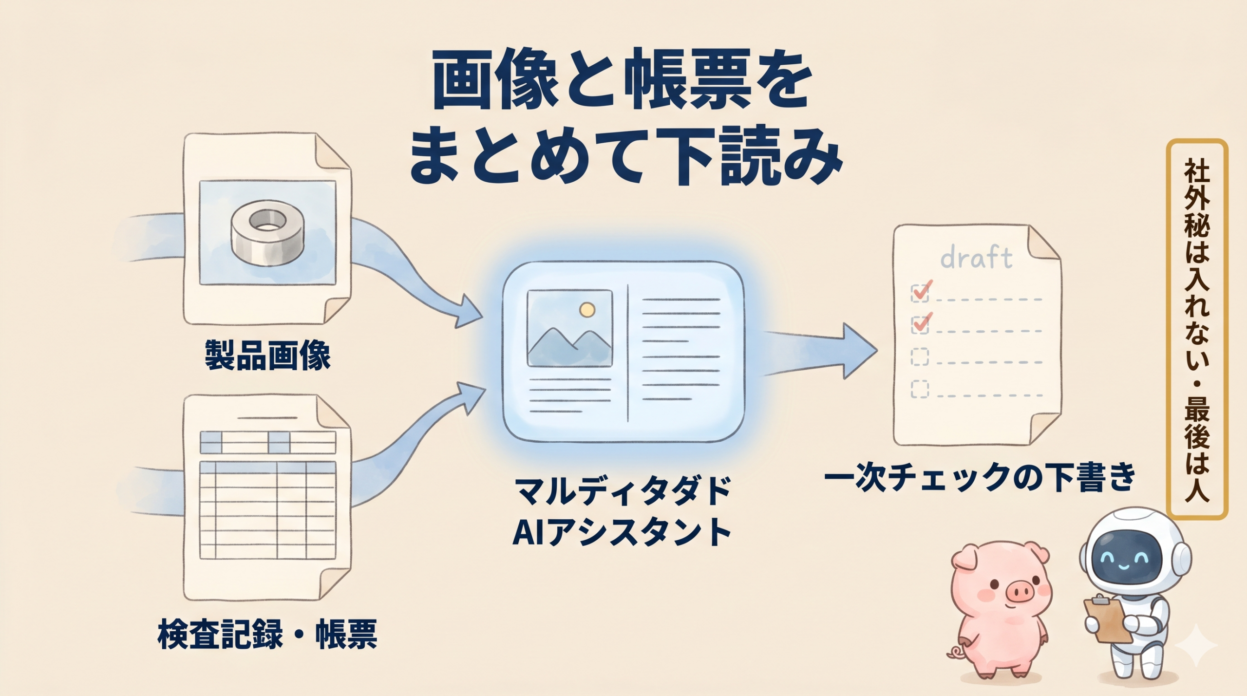 製品画像と帳票を同時に読み一次チェックの下書きを返すマルチモーダルLLMの補助イメージ図解