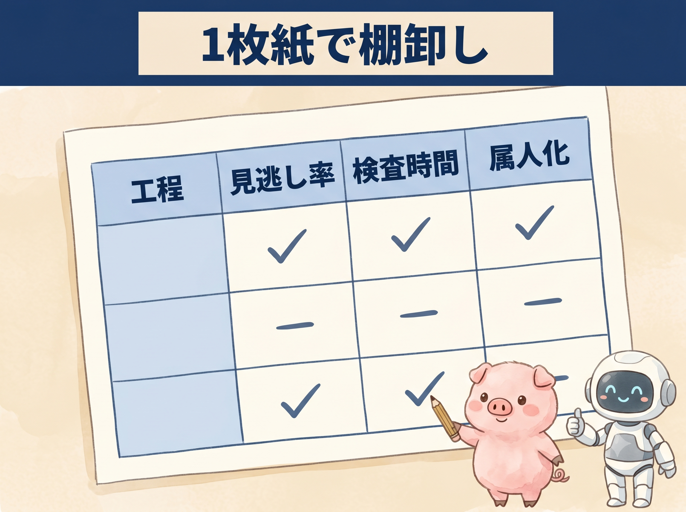 工程を縦、見逃し率・検査時間・属人化を横に置いた1枚紙マトリクスの図解