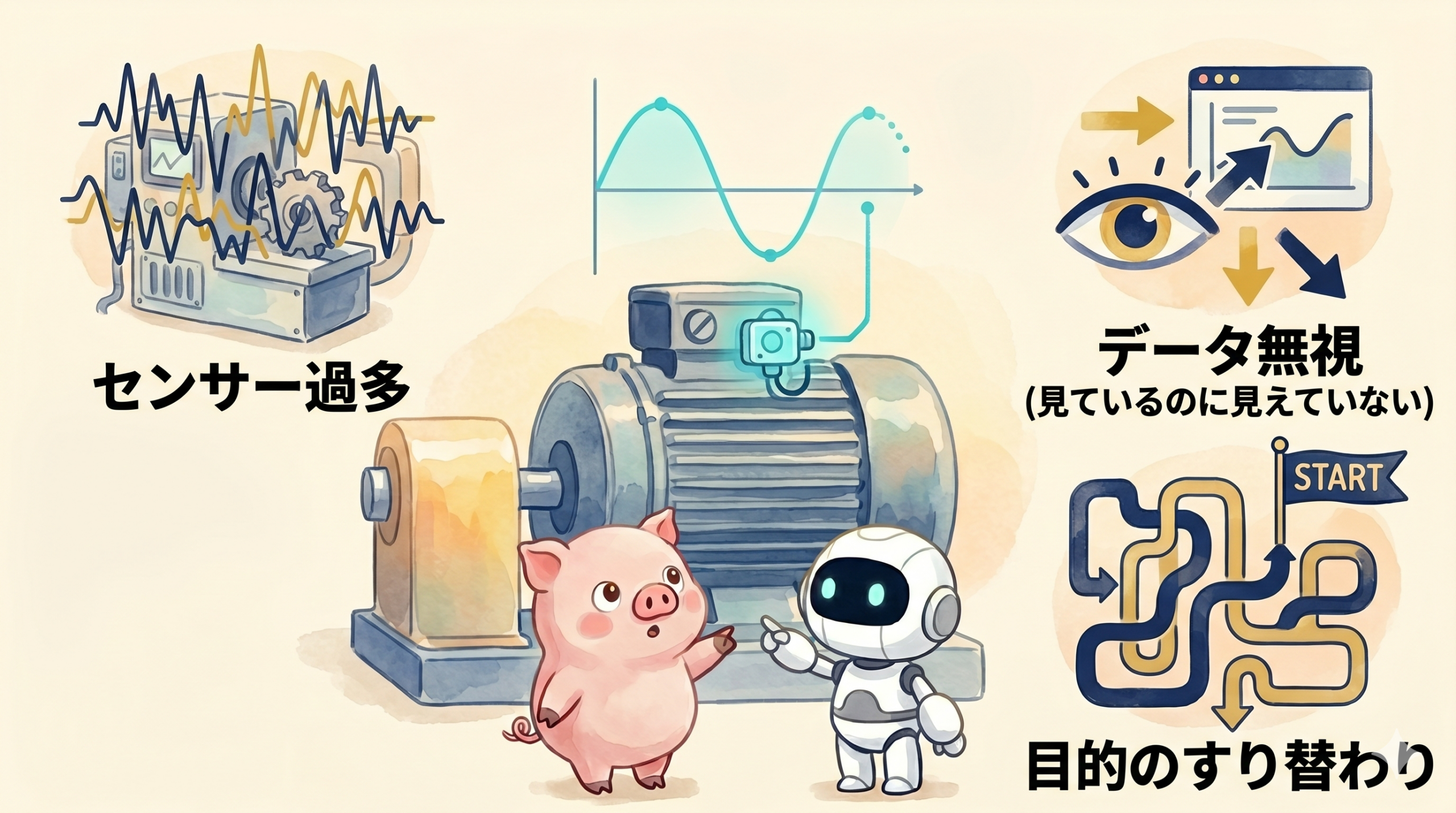 予知保全のよくある失敗3つと1台から始める考え方を描いた水彩イラスト