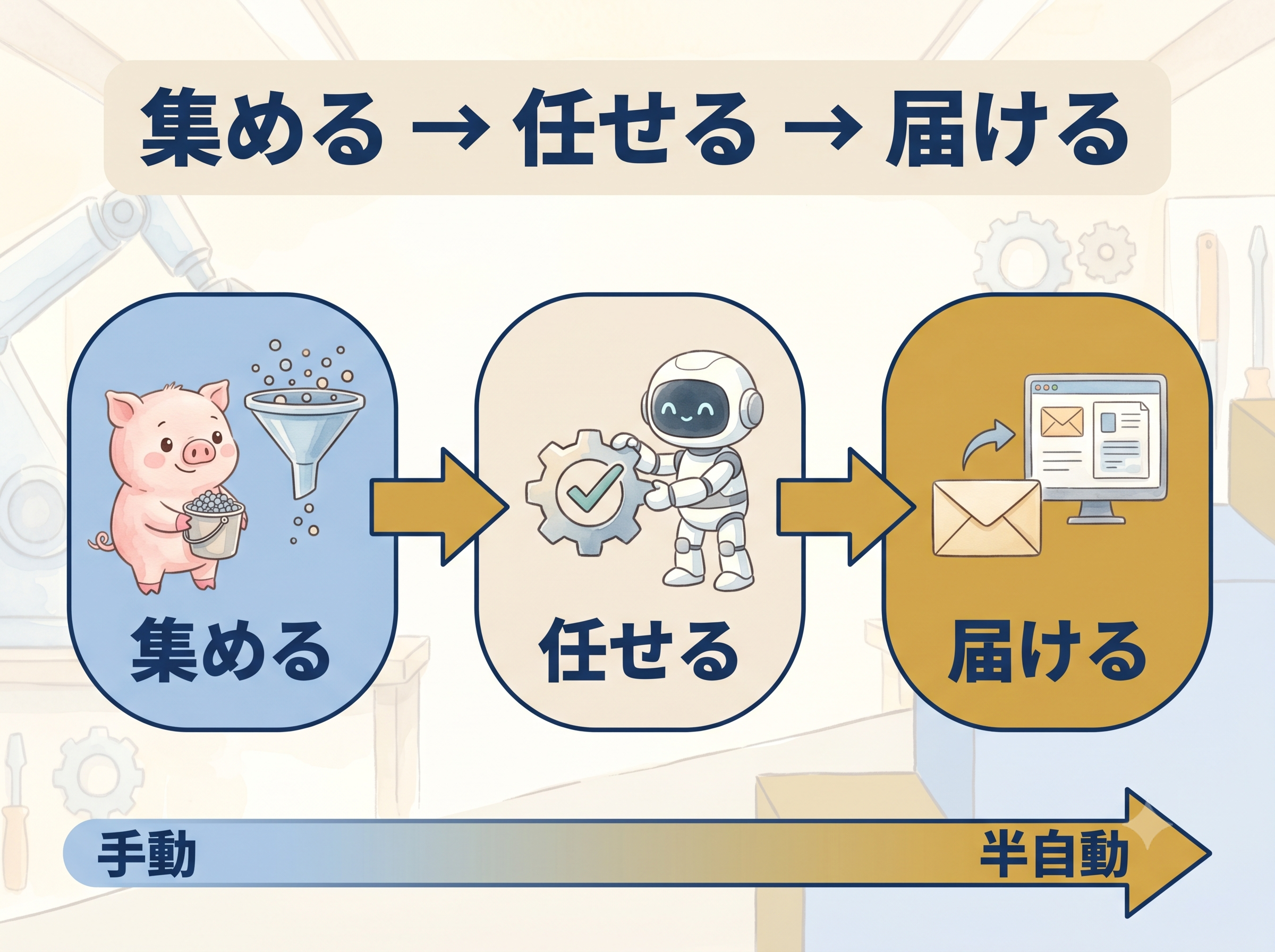 集める→任せる→届けるの3ステップと手動から半自動への進行を示す図解