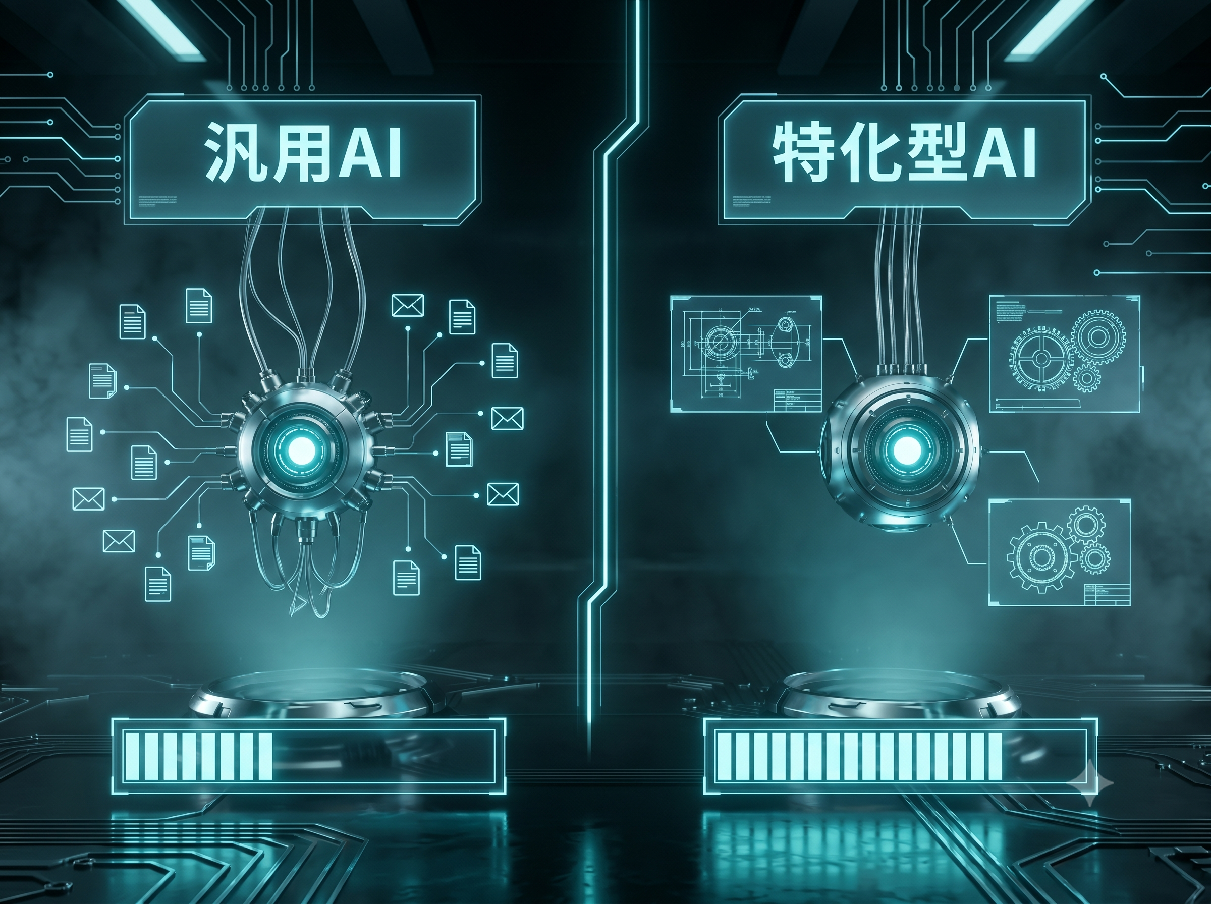 汎用AIと特化型AIを2つの機械コアで対比した概念図