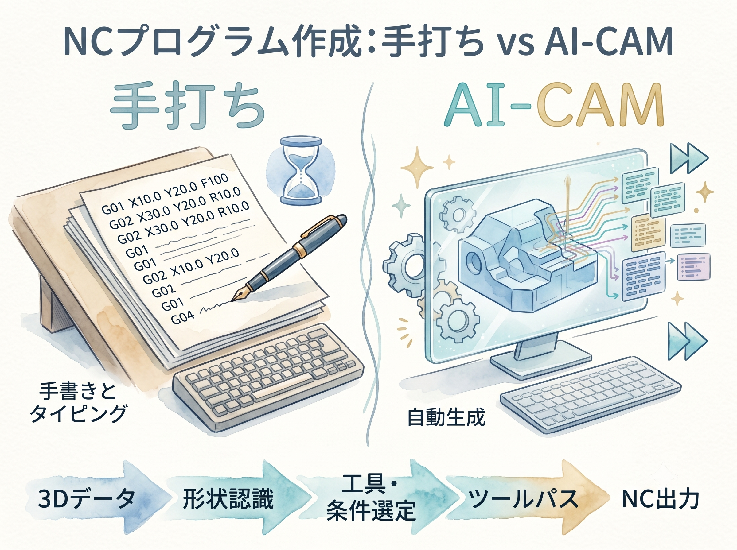 NCプログラム作成の手打ちとAI-CAMを比較した図解