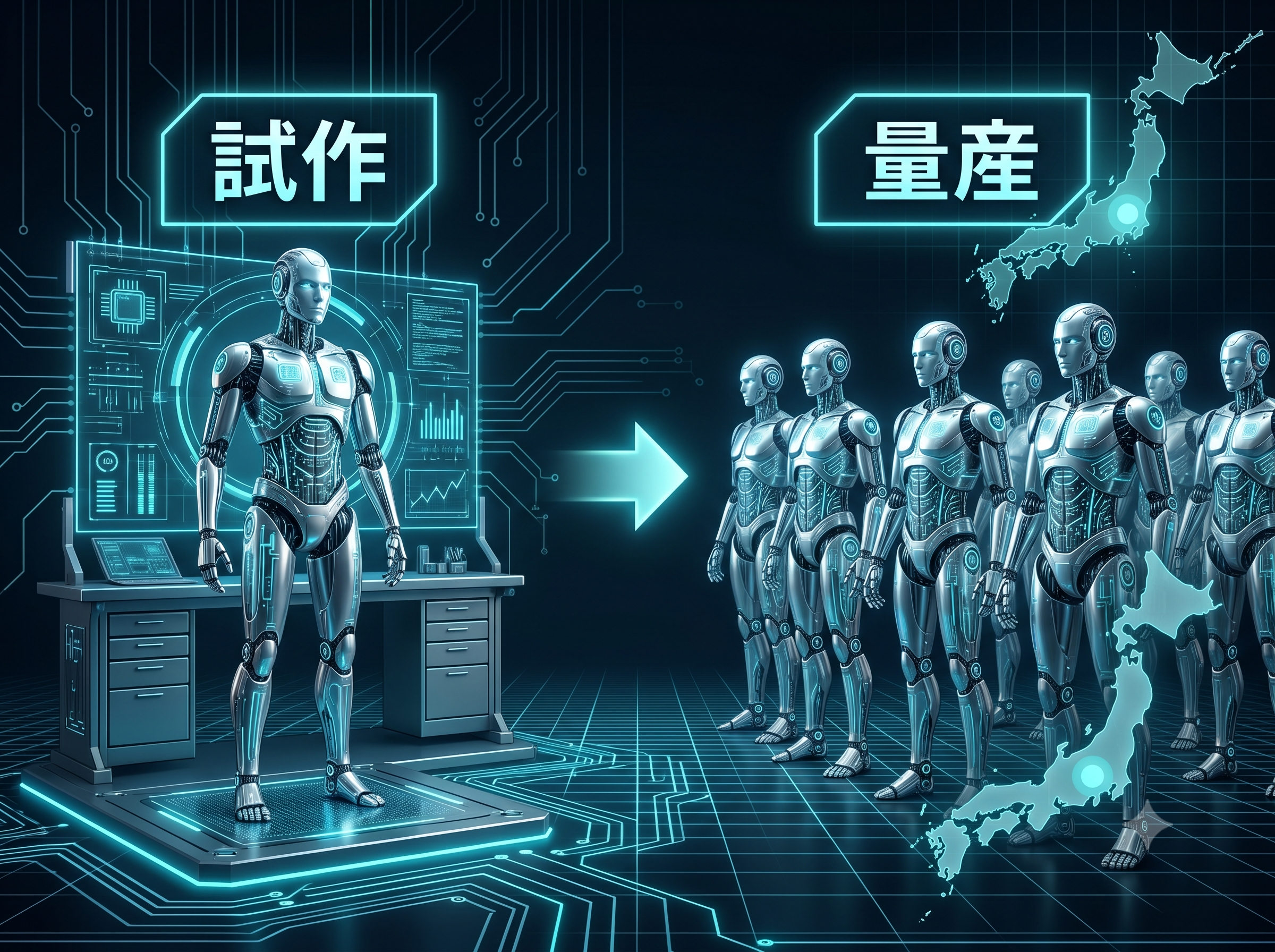 人型ロボットが試作から量産へ進む段階と国産開発拠点を表した概念図
