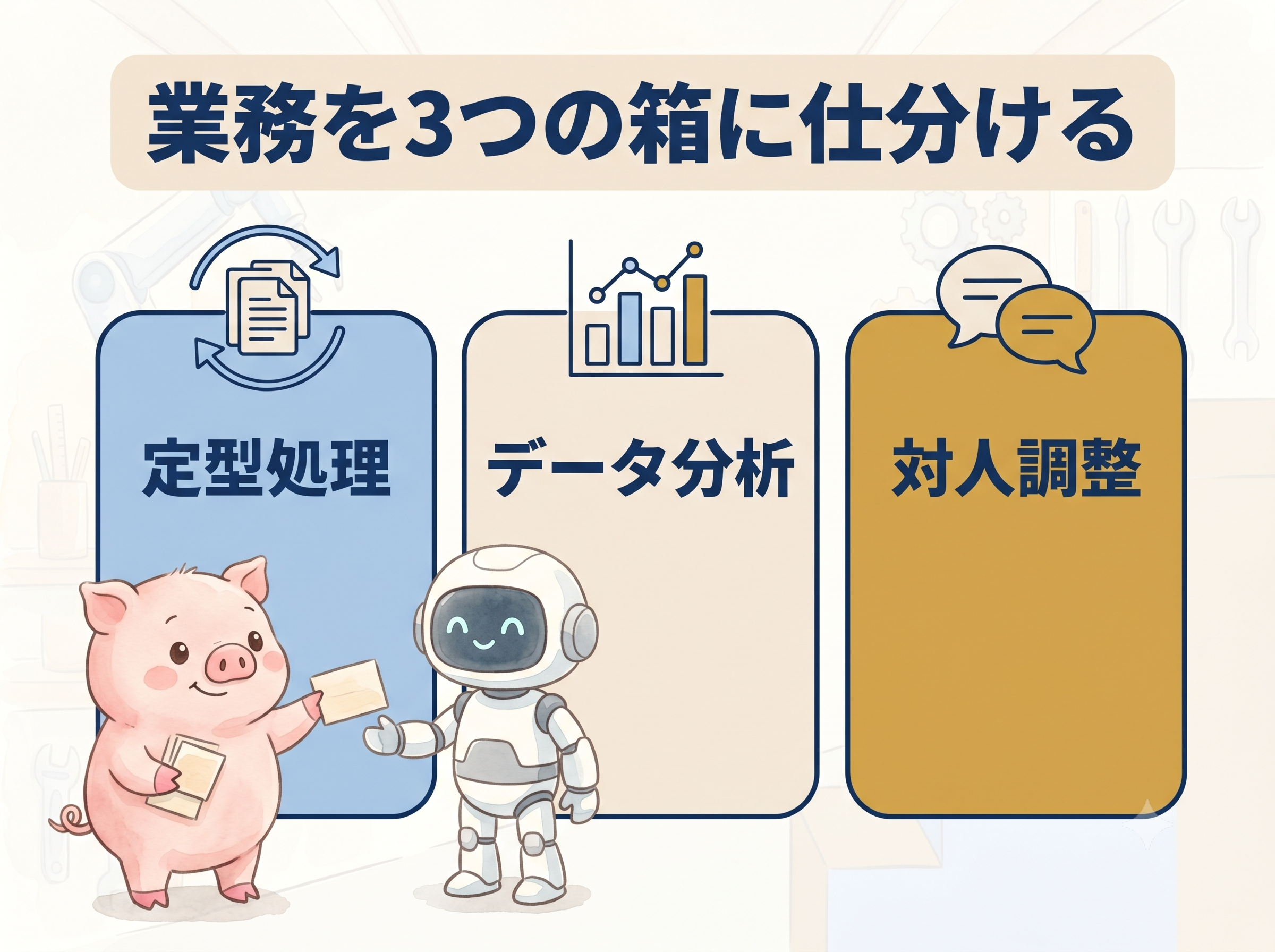 業務を定型処理・データ分析・対人調整の3つの箱に仕分ける図解