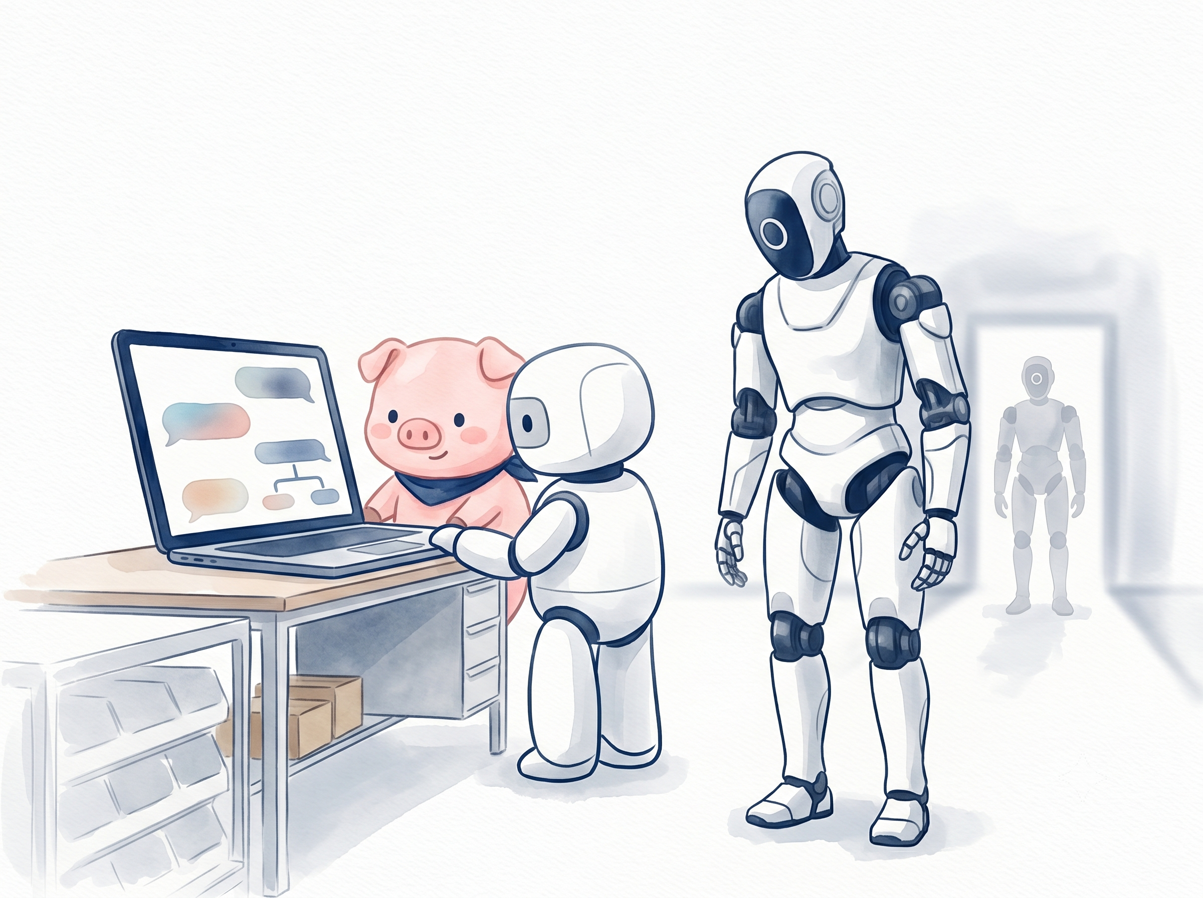 ぶたまると白ロボがノートPCで生成AIを動かすイラスト、背景に待機する人型ロボット