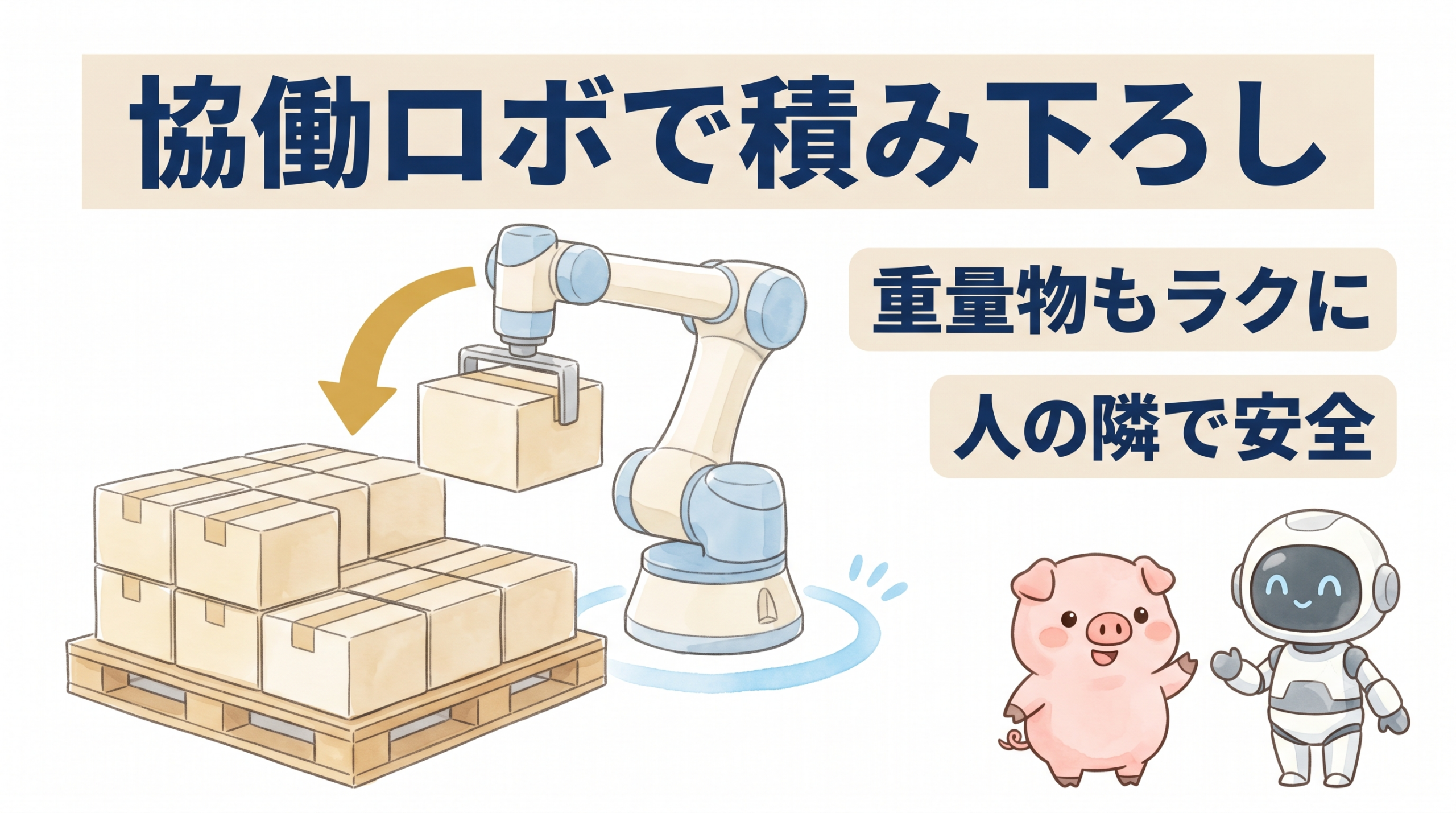 段ボール箱を持ち上げてパレットに積み上げる協働ロボのパレタイジングを図解