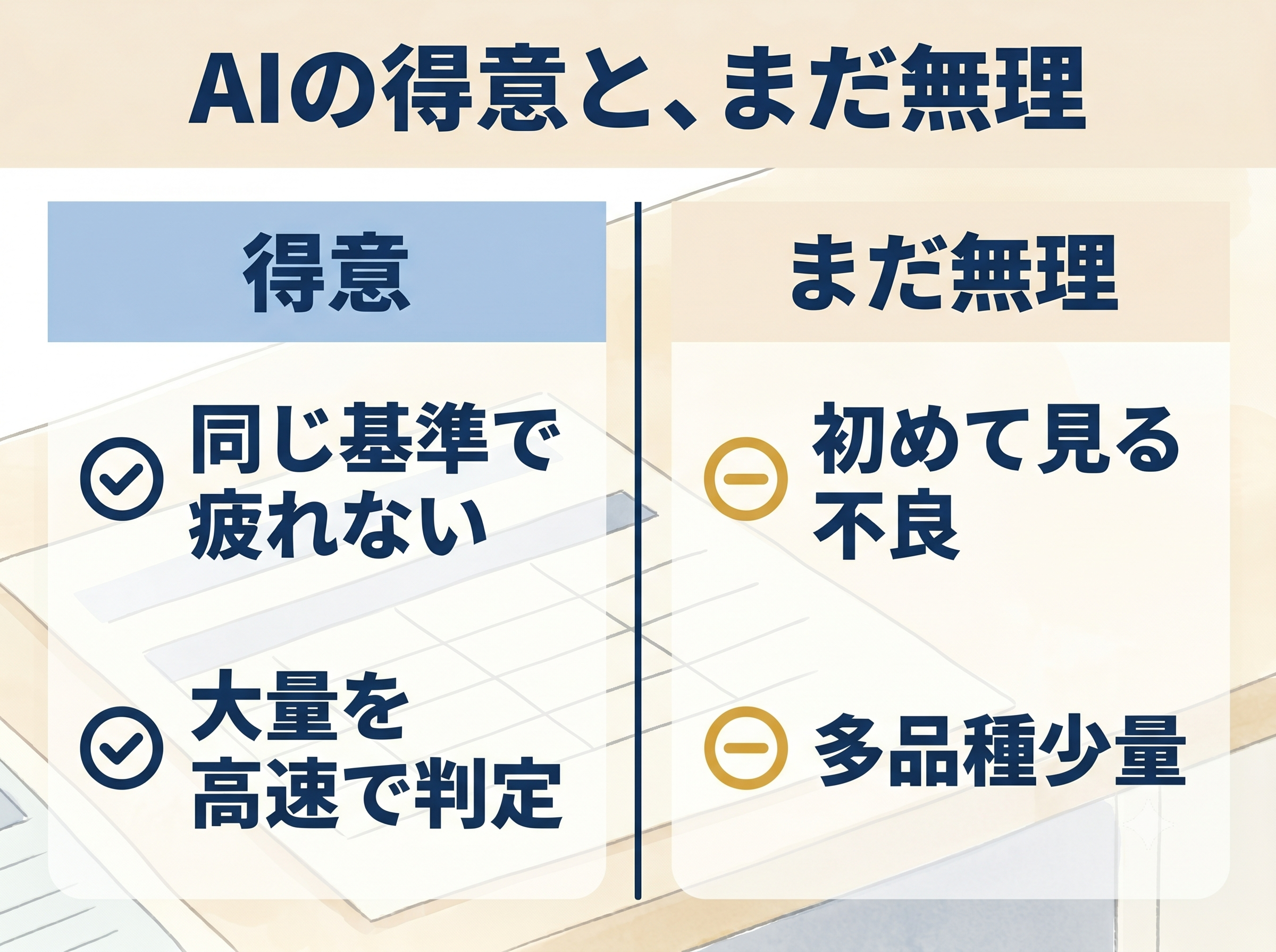 AIの得意(同じ基準で疲れず大量判定)とまだ無理(新種不良・多品種少量)の2カラム対比図解