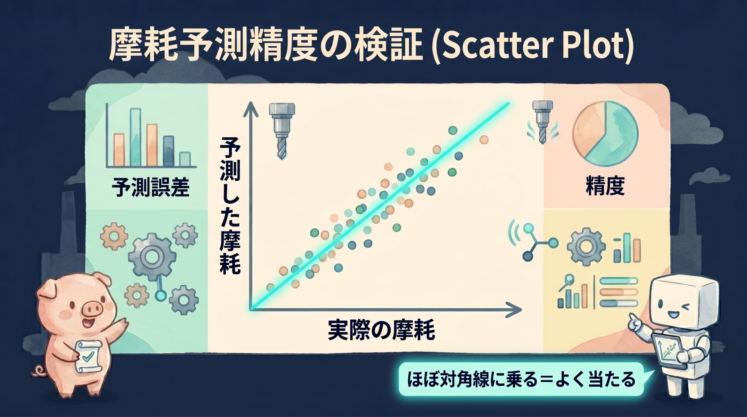 予測した摩耗と実際の摩耗の散布図